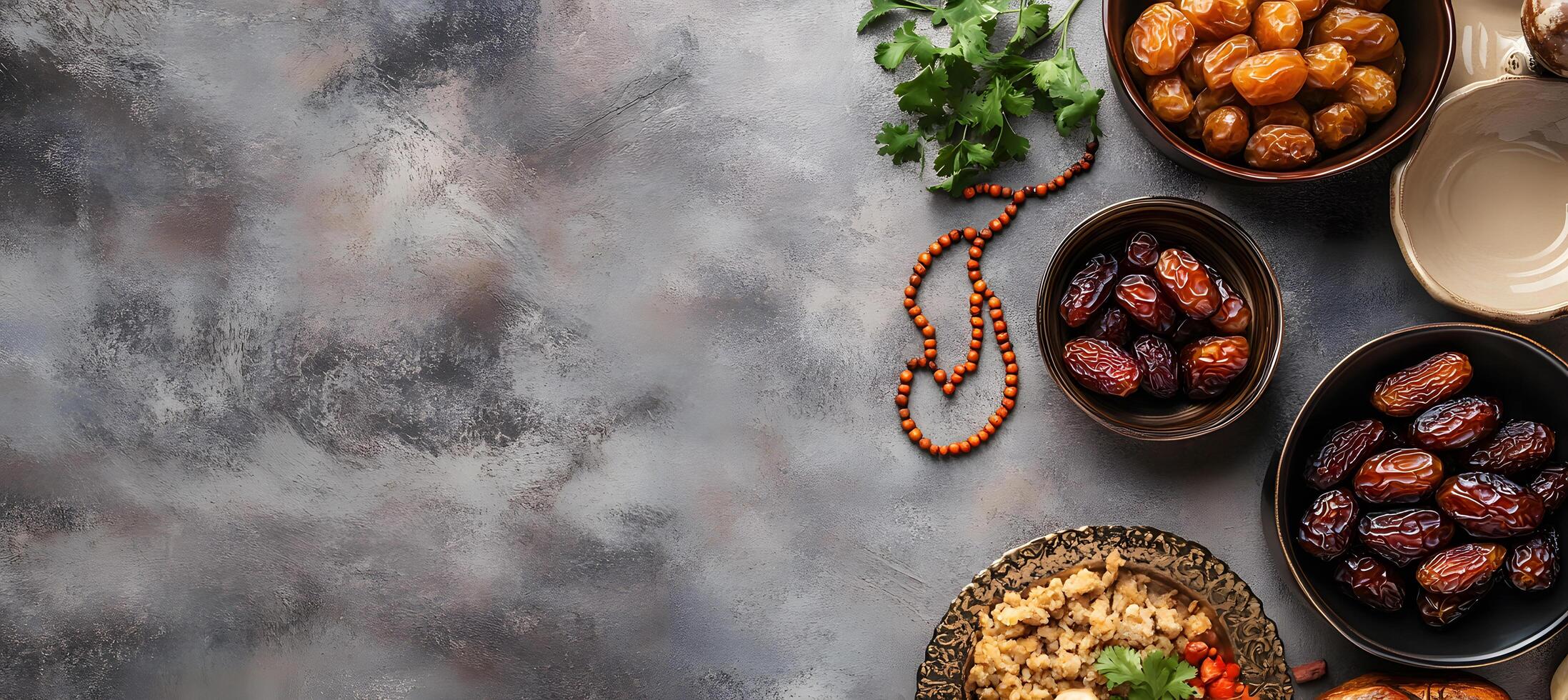 Bowls of dates, and seasoned rice adorn a gray textured surface with prayer beads photo