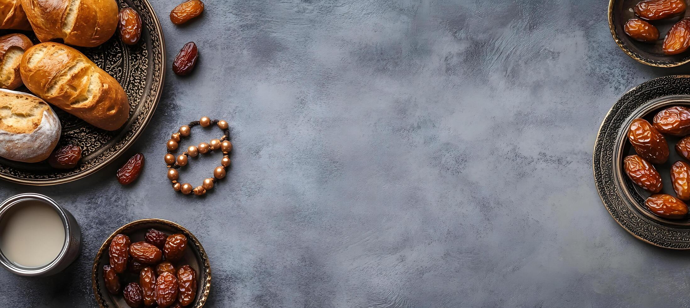 Bread, dates, prayer beads, and milk grace a gray surface in an ornate arrangement photo