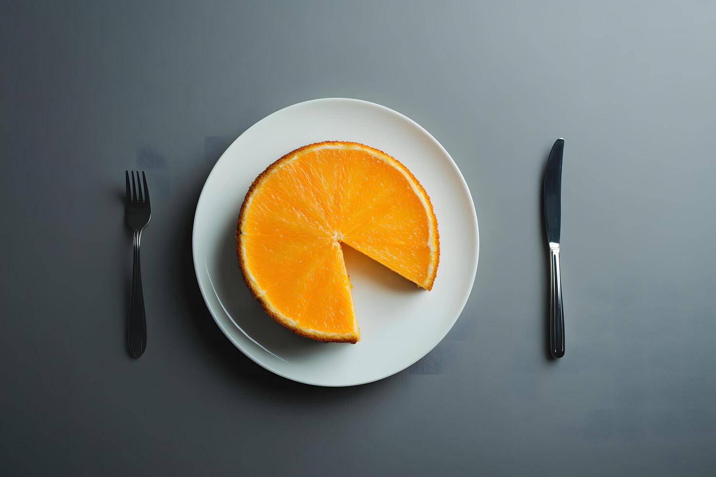 Bright orange cake slice sits on plate between fork and knife on grey surface photo