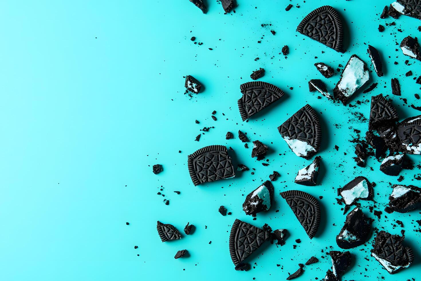 Broken cookies with cream filling scattered across the vibrant light blue surface create an enticing arrangement photo