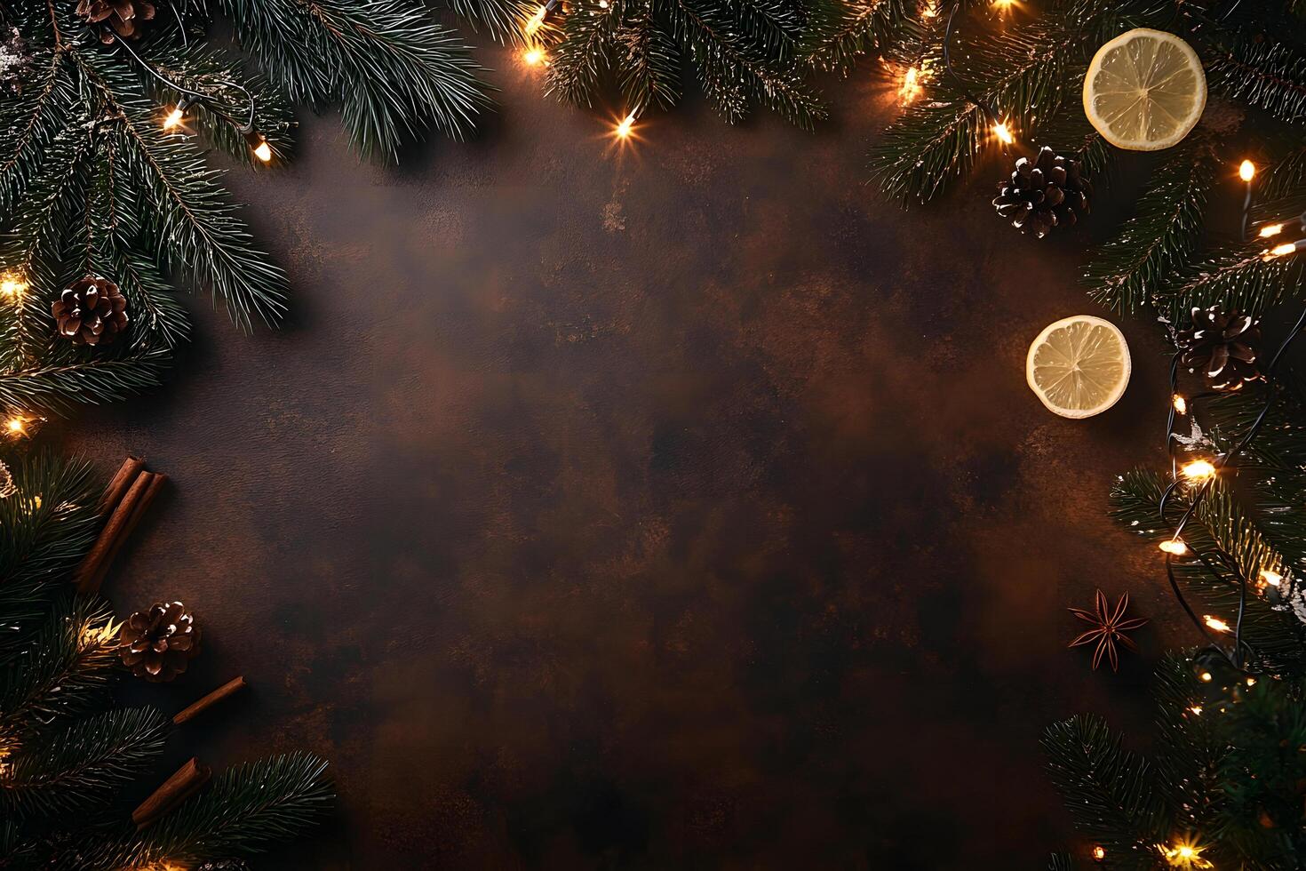 Festive Christmas ornaments including pinecones, string lights, lemon slices, and fir branches are beautifully arranged photo