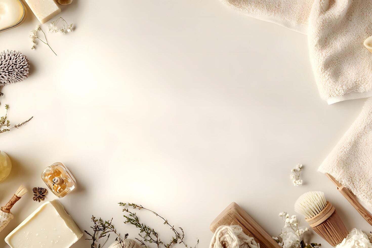 Flat lay shows soaps, towels, brushes, and dried flora against a neutral background photo