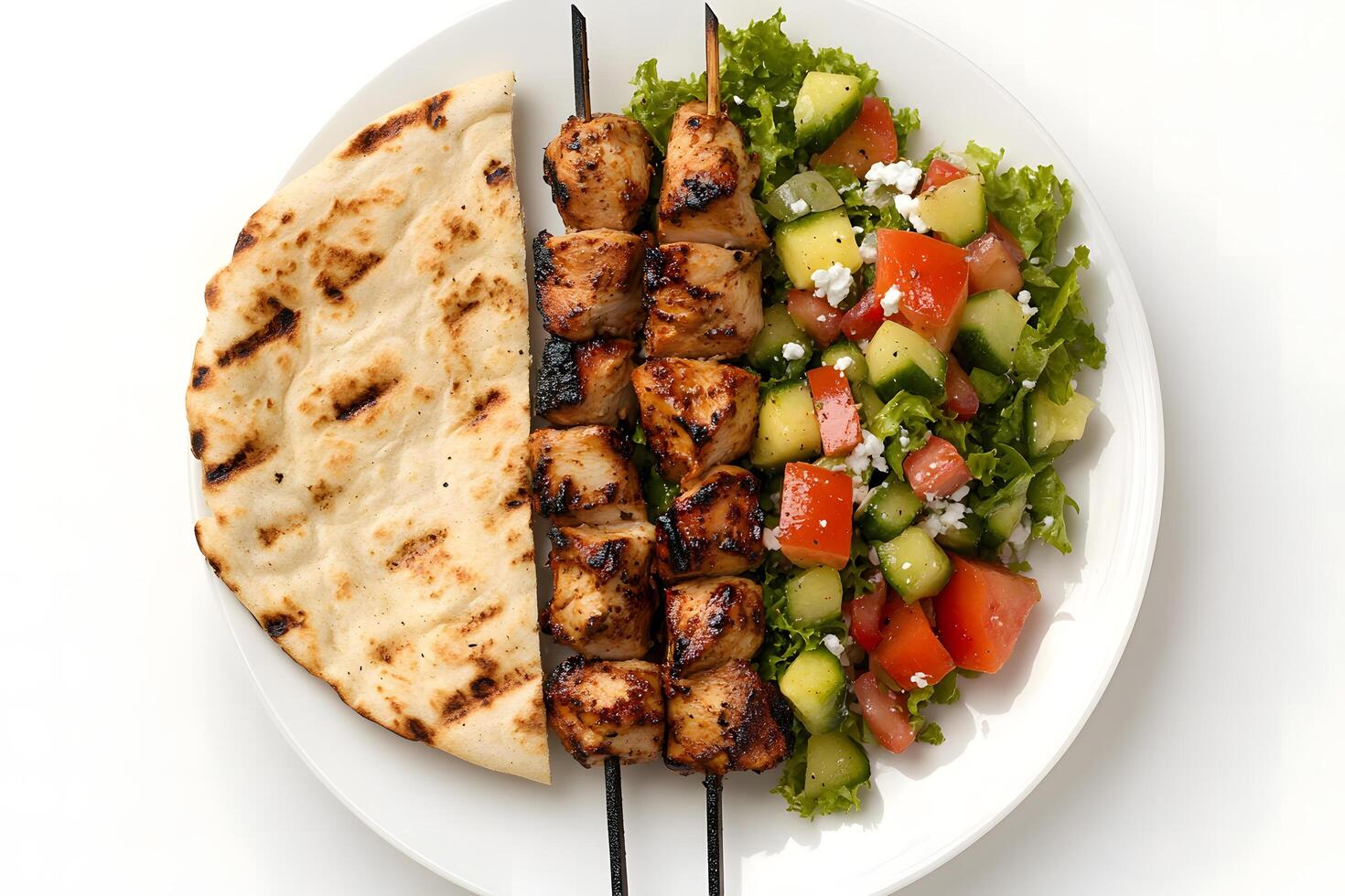 Flatbread, chicken kebab skewers, and mixed salad are displayed on a white plate, ready to eat photo