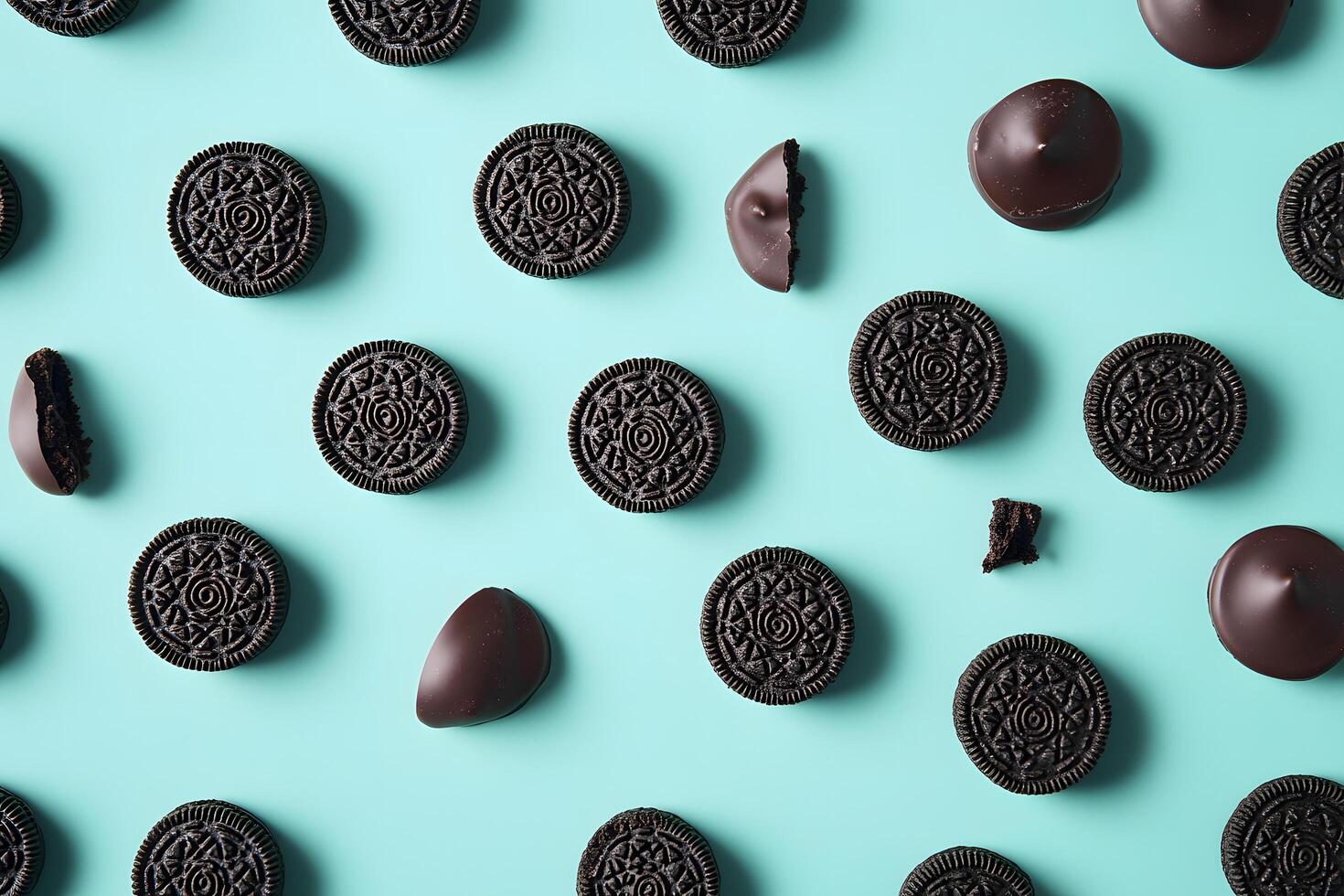 Flat lay shows delicious chocolate covered cookies and dark chocolate candy on a teal backdrop photo