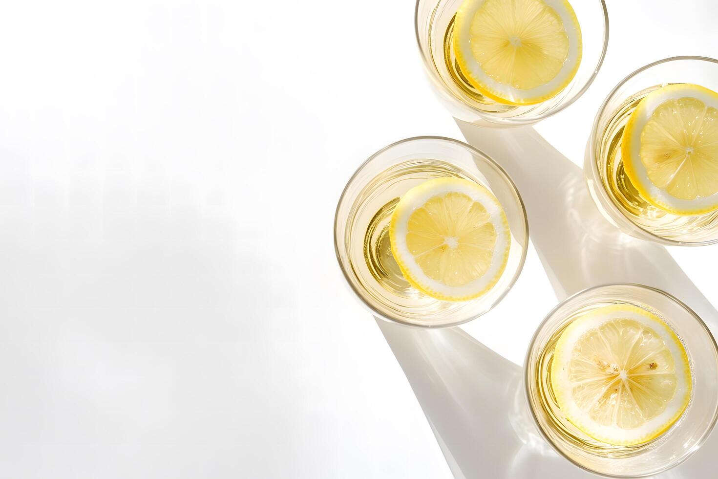 Four refreshing drinks with lemon slices sit on white surface in bright sunlight photo