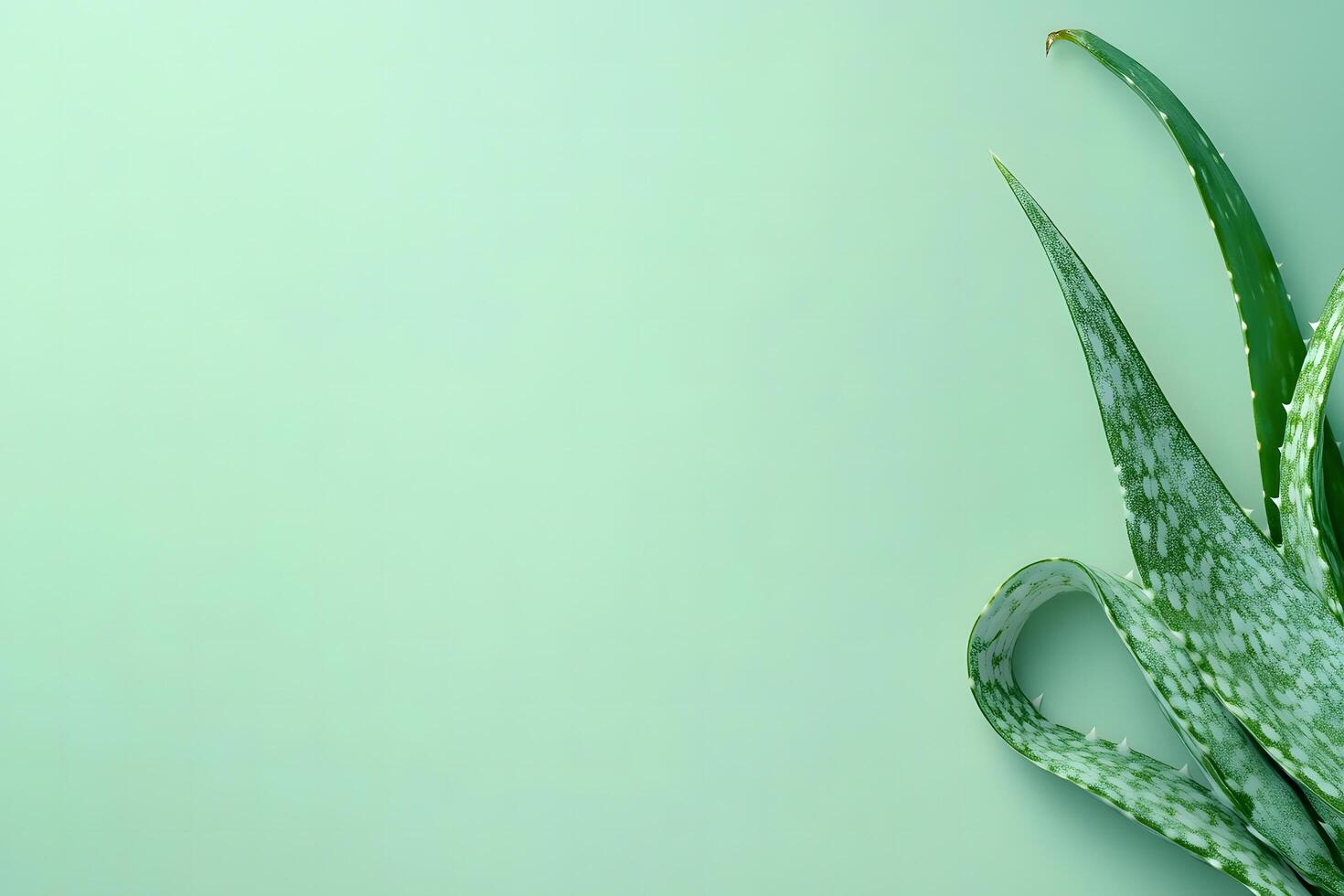 Fresh aloe vera plant leaves lay flat against a pastel green background creating copy space photo