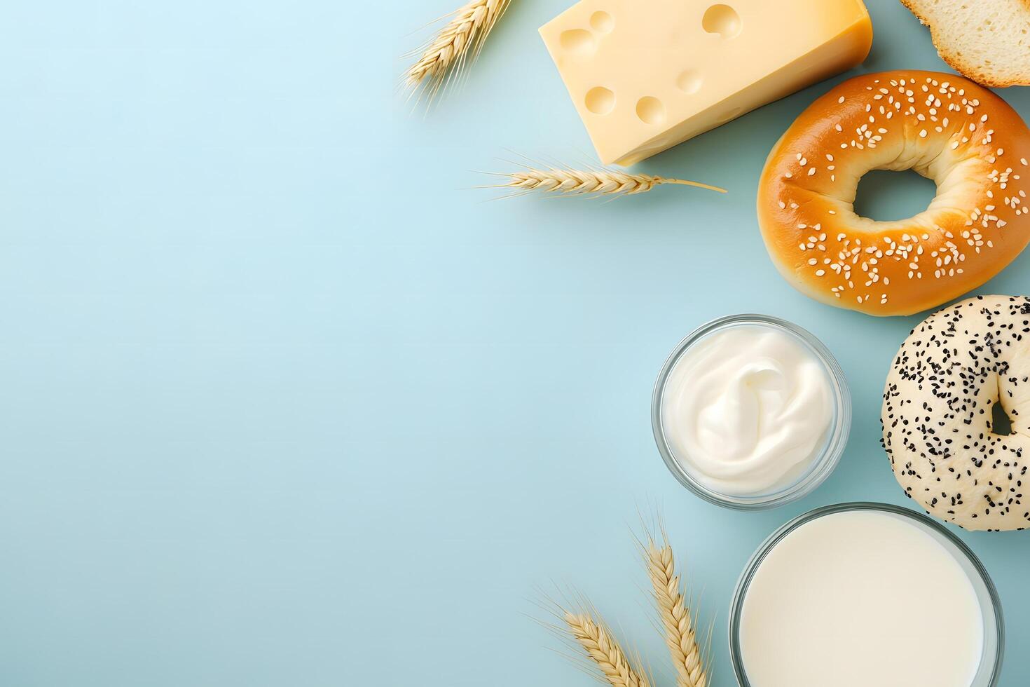 Fresh bagels and block cheese alongside dairy ingredients and wheat stalks display light blue photo