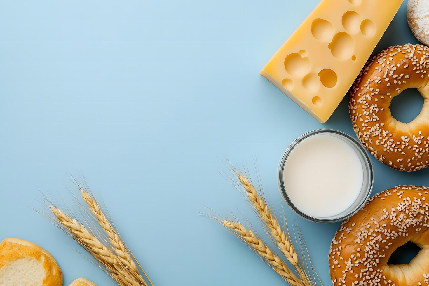 Fresh bagels, cheese, milk, and wheat stalks are scattered atop a serene light blue surface photo