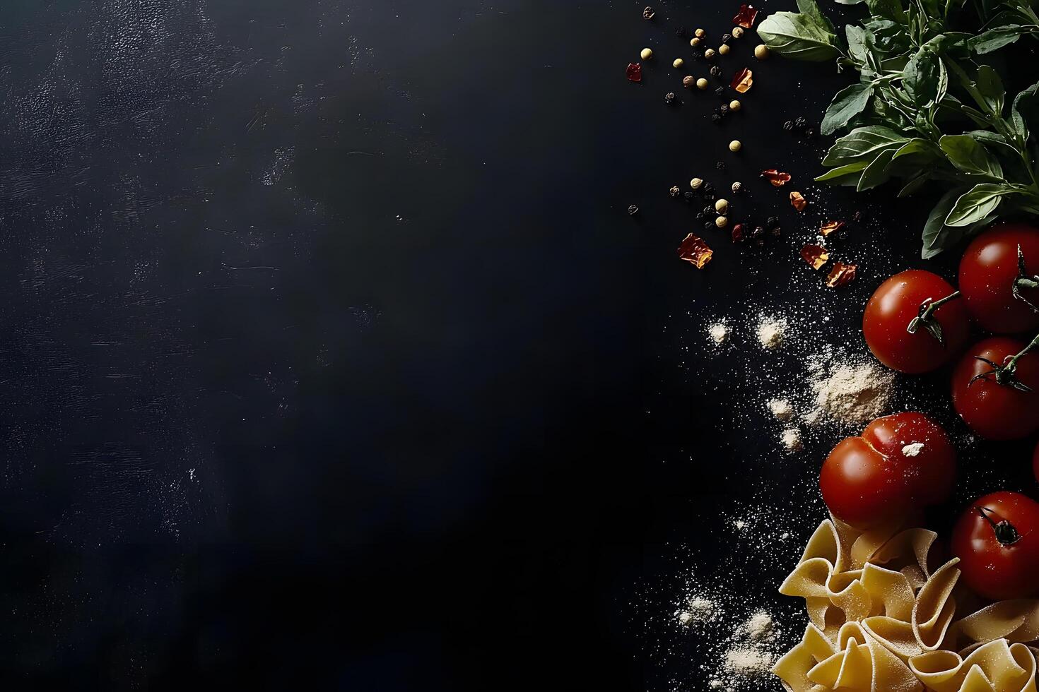 Fresh basil, tomatoes, pasta, and assorted peppercorns compose the elements along dark stone photo