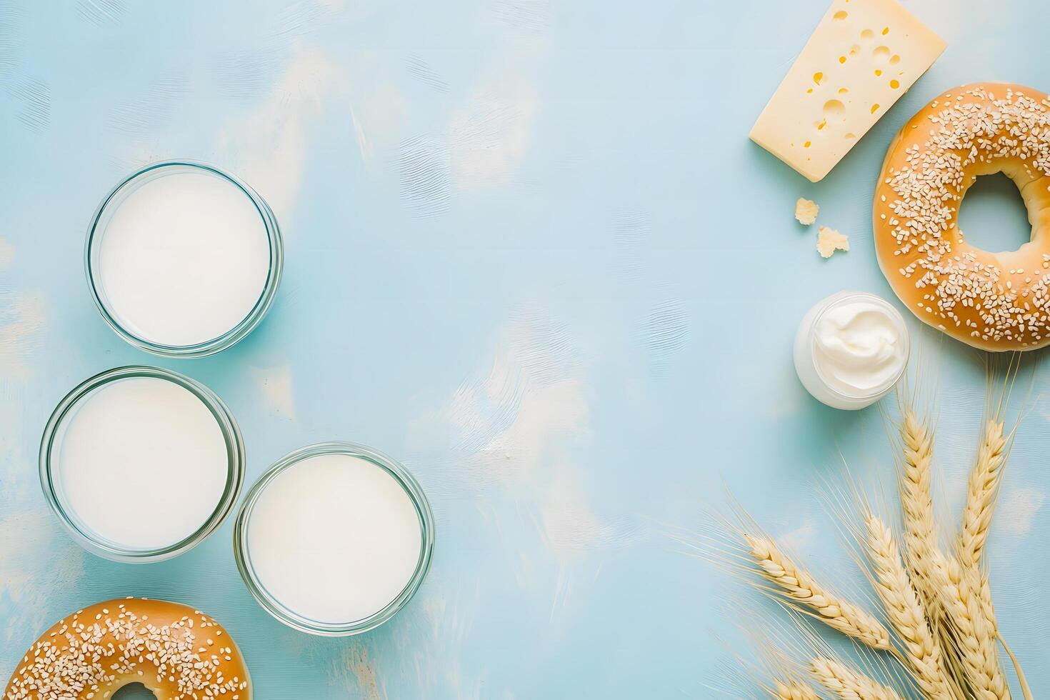 Fresh bowls of milk are displayed alongside bagels, cheese, cream, and wheat stalks photo