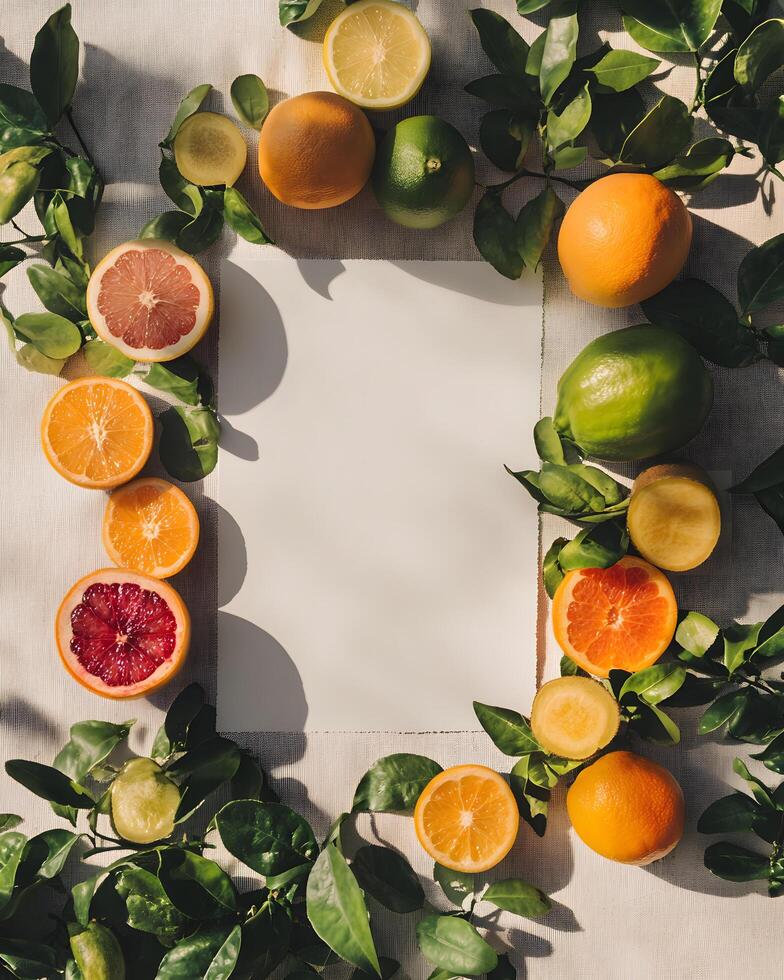 Fresh citrus fruits, halves, and vibrant green leaves form a decorative frame around white paper photo