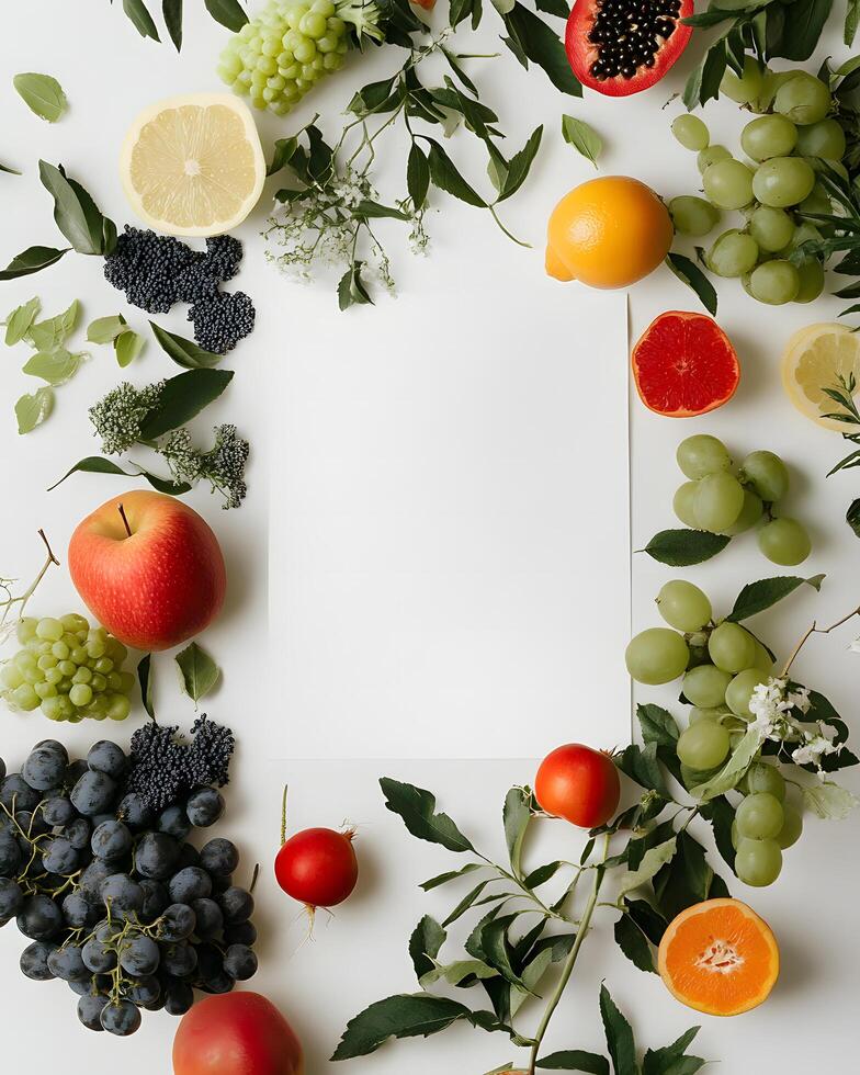 Fresh fruits and greenery create a vibrant natural border around a blank white space photo