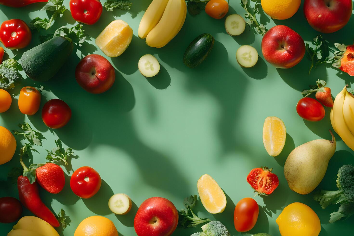 Fresh fruits and vegetables surround central light green space casting shadows on the surface photo