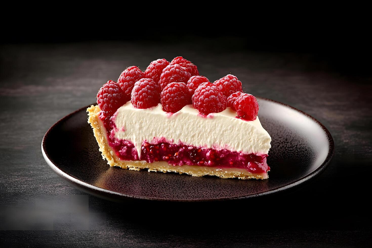 Fresh raspberry cheesecake slice showcases layers on a dark plate creating a sweet treat photo