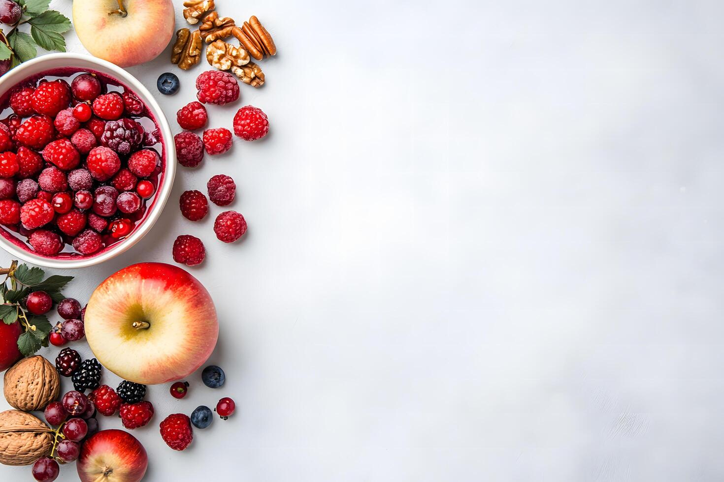 Fresh ripe raspberries in bowl beside whole apples and assorted nuts create a colorful arrangement photo