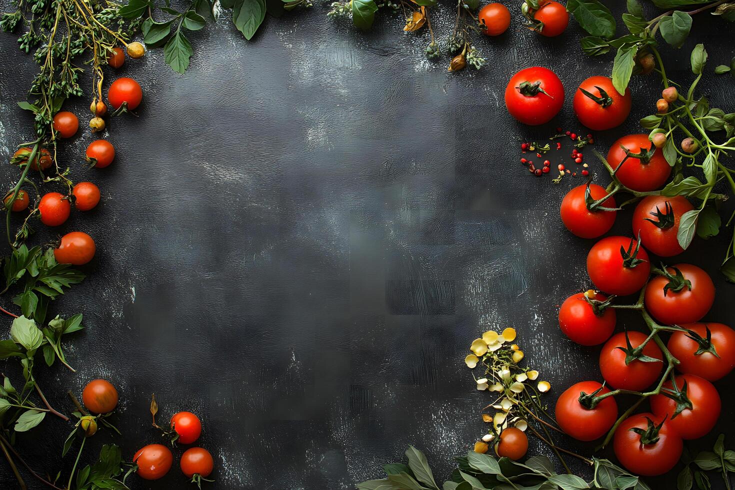 Fresh red tomatoes with green herbs create a vibrant border against dark background photo