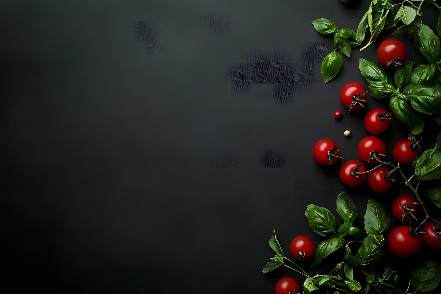 Fresh tomatoes and basil leaves elegantly frame the stark, dark background beautifully photo
