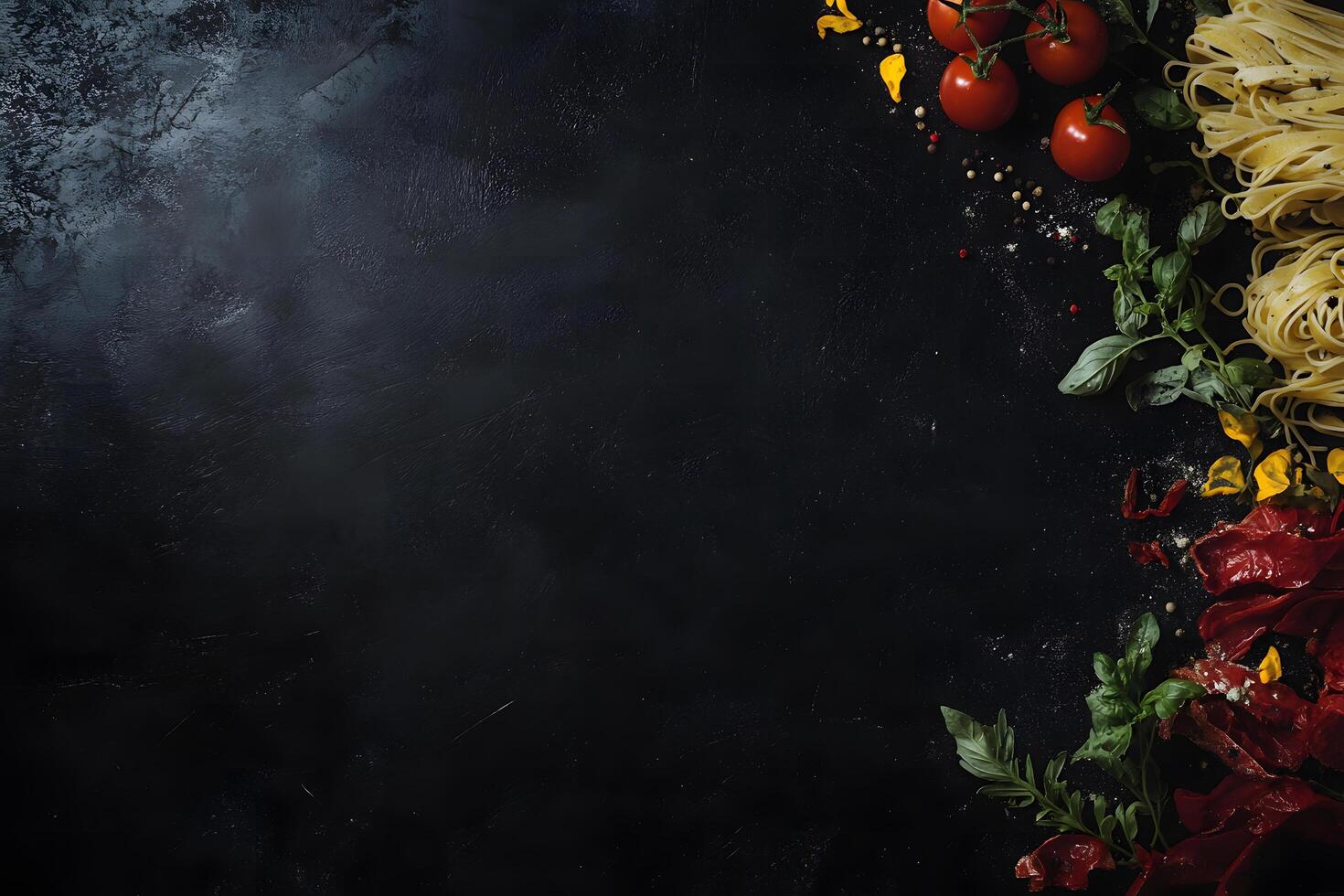 Fresh tomatoes, basil, cured meat, and pasta create a culinary display against dark backdrop photo