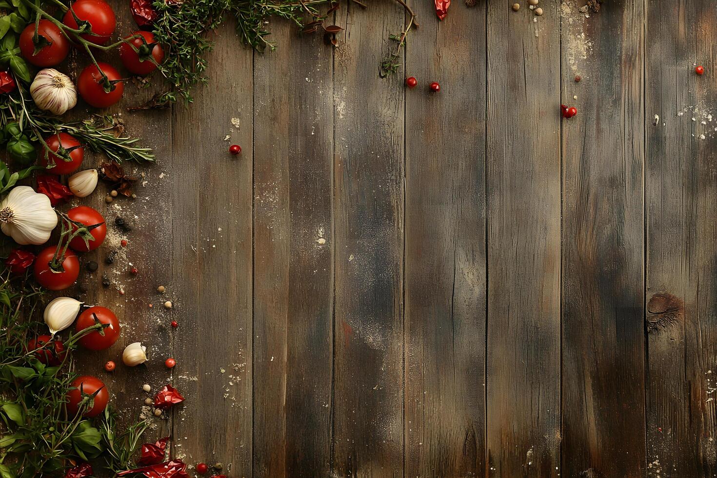 Fresh tomatoes, garlic, herbs, and dried peppers border rustic aged wooden table photo
