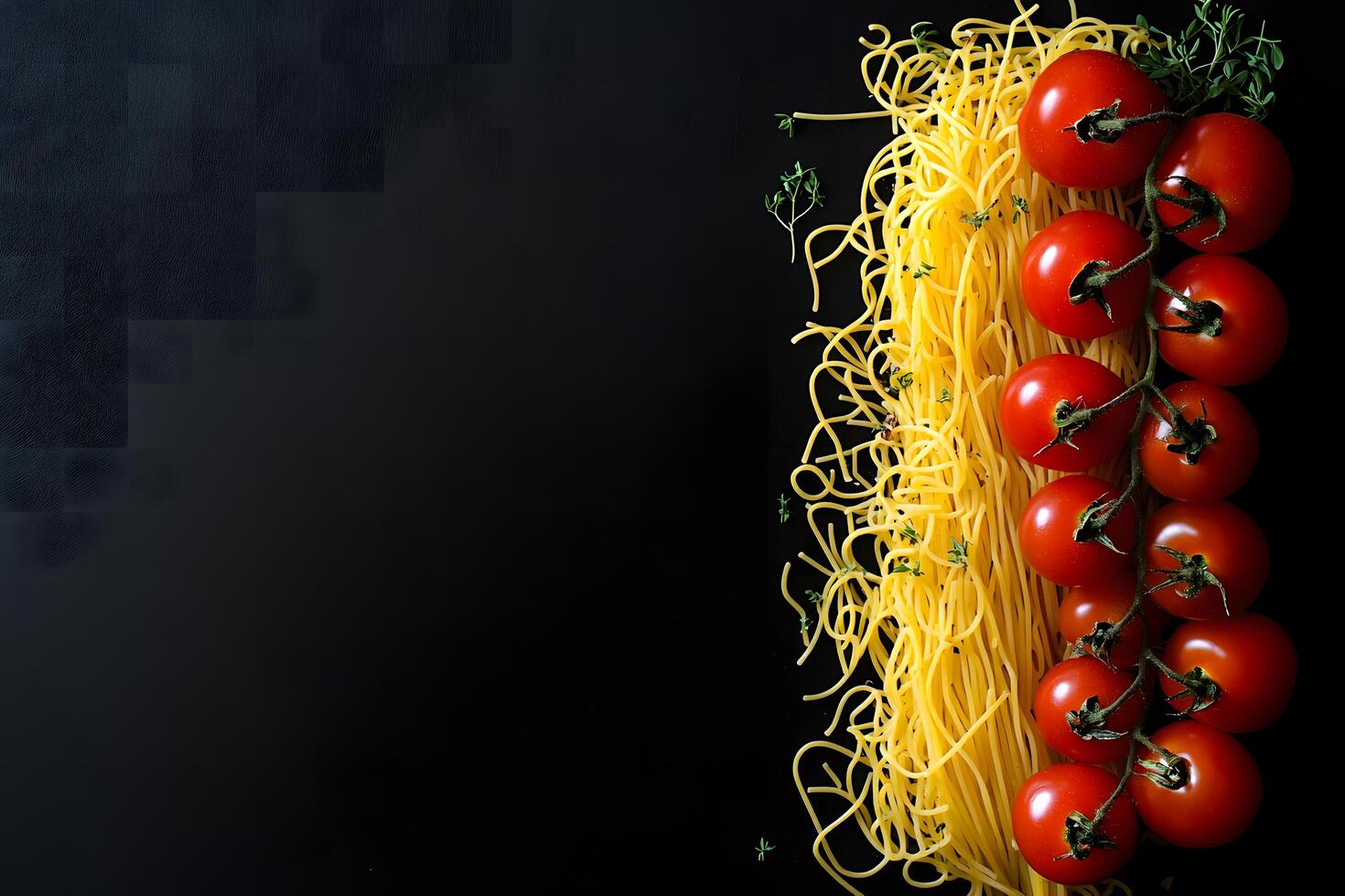 Fresh vine tomatoes rest beside spaghetti, thyme sprigs on a black background provide contrast photo