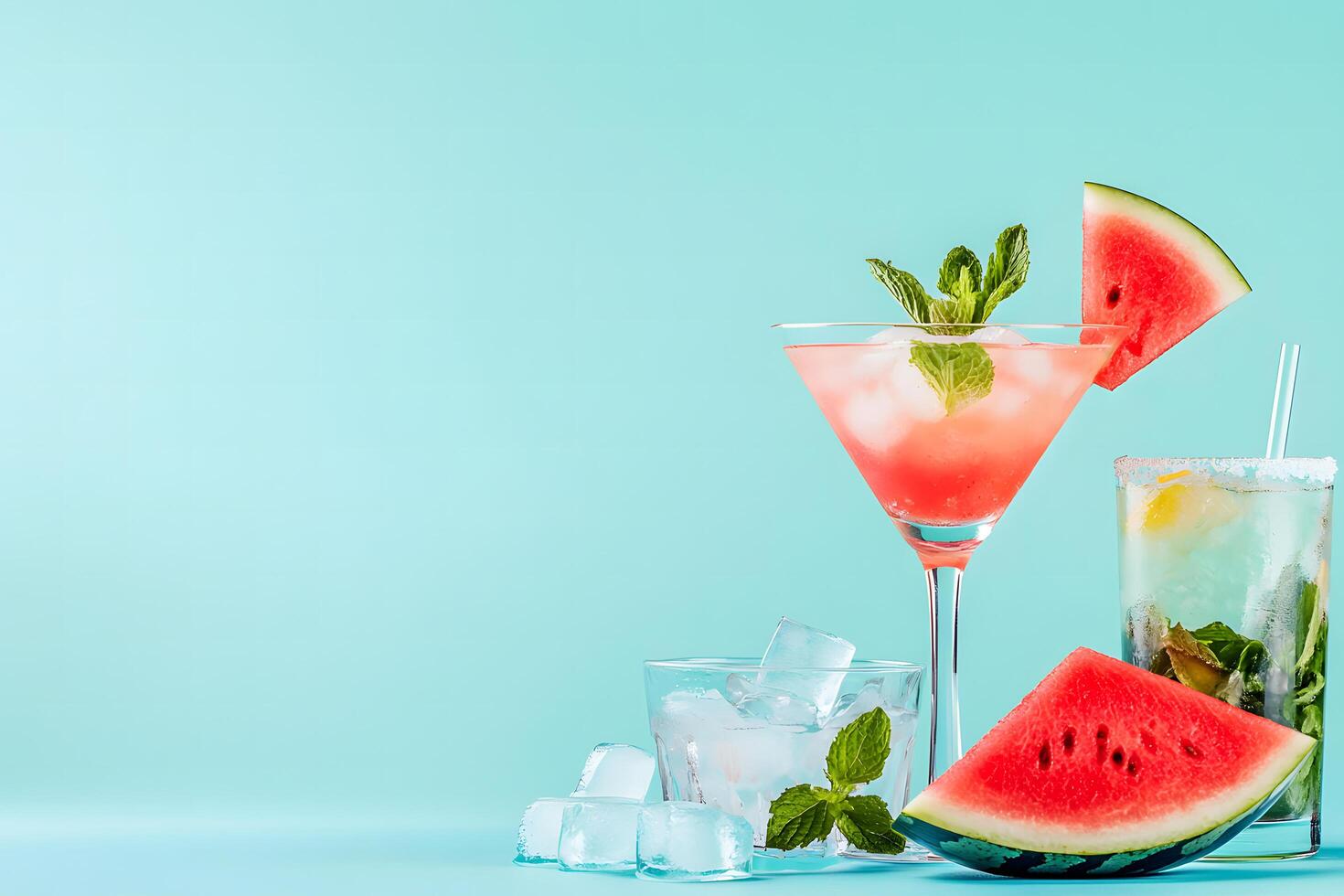 Fresh watermelon beverages with ice cubes and mint sprigs are displayed on a teal background photo