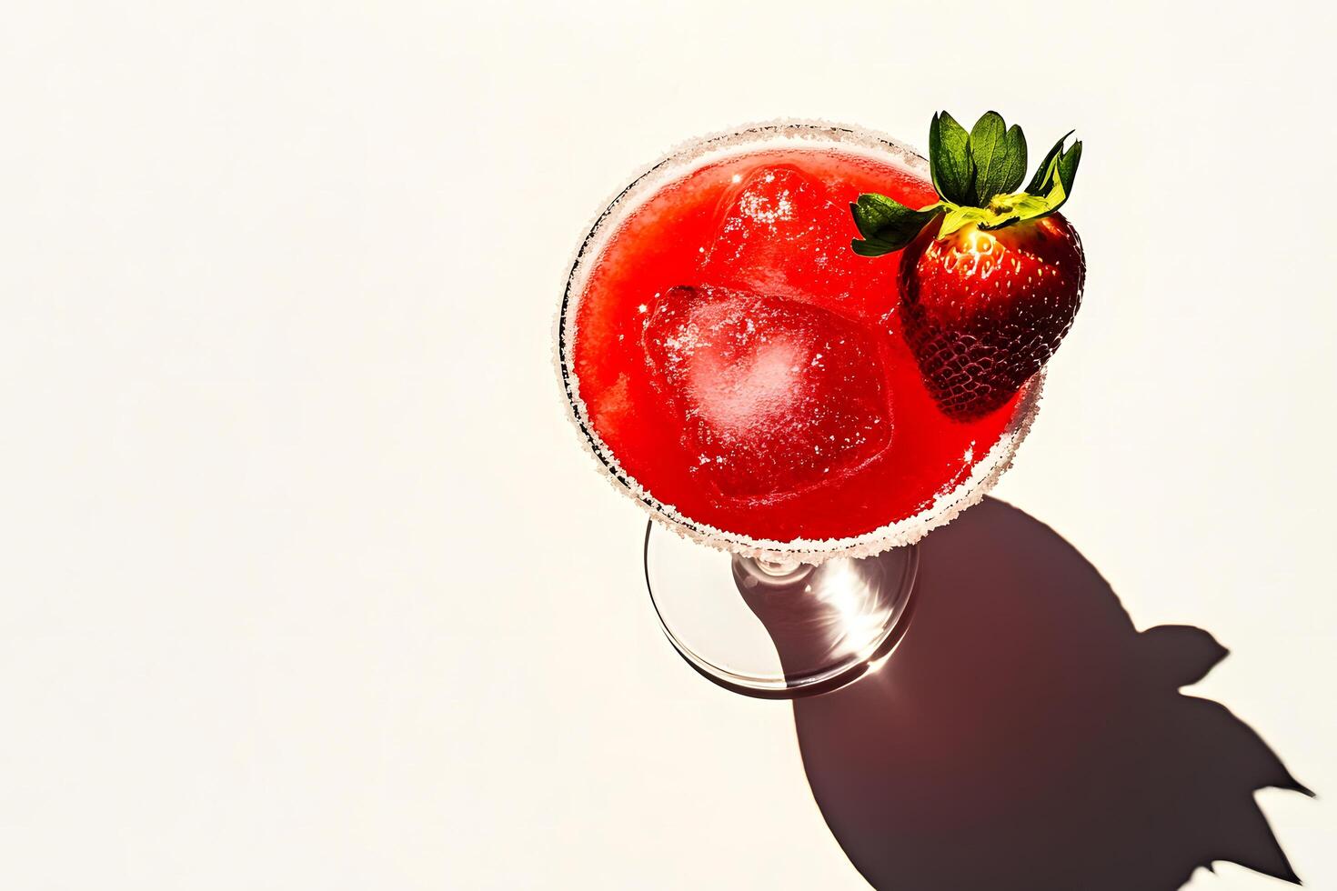 From above, a strawberry margarita shows ice, sugar rim, and perfect shadow photo