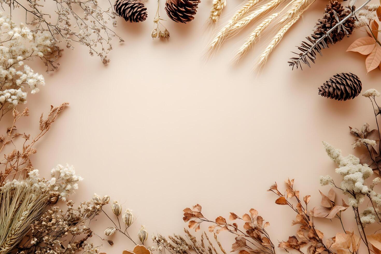 Gentle frame created with dry flowers, wheat stalks, and pine cones, all on beige photo