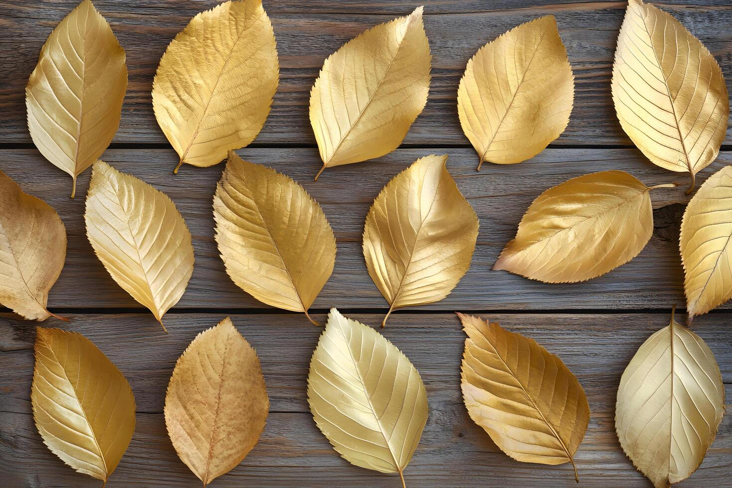 Glistening golden leaves are neatly arranged on a textured, rustic wood surface to form patterns photo