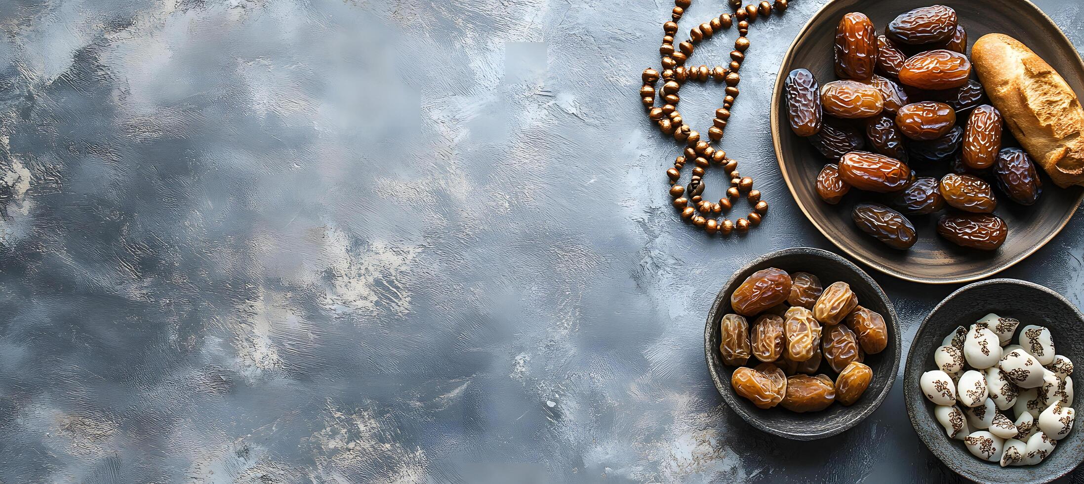 Golden prayer beads sit near bowls of dates and nuts on textured grey background photo