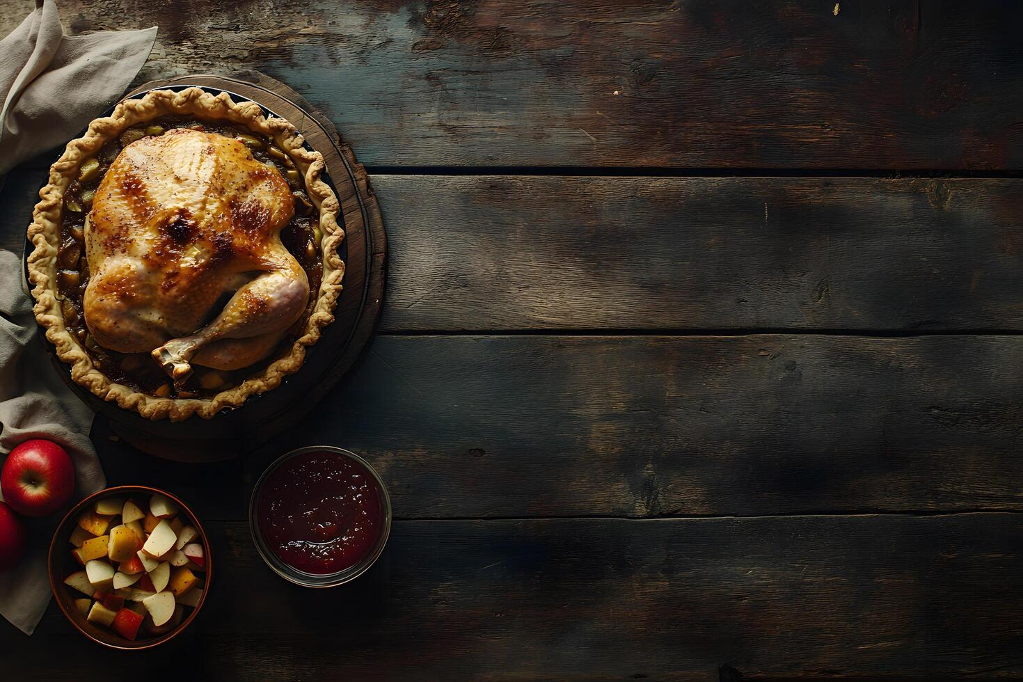 Golden roasted chicken is baked perfectly inside a pie crust served on a rustic table photo