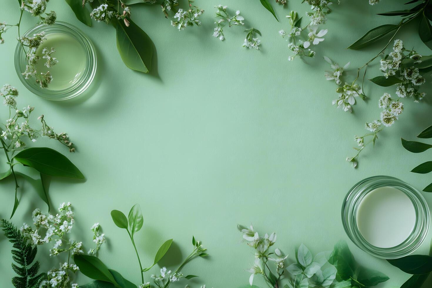 Green background displays clear jars with creamy liquid bordered by leaves and white flowers photo