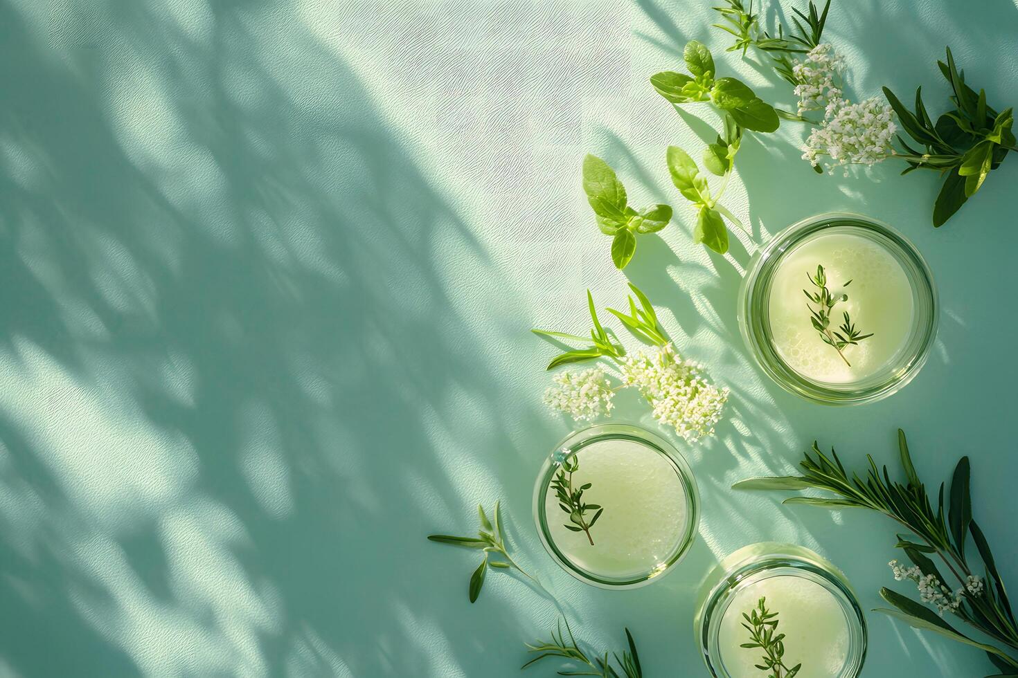 Green cosmetic cream displayed with fresh herbs on blue surface under bright sunlight creates natural beauty photo