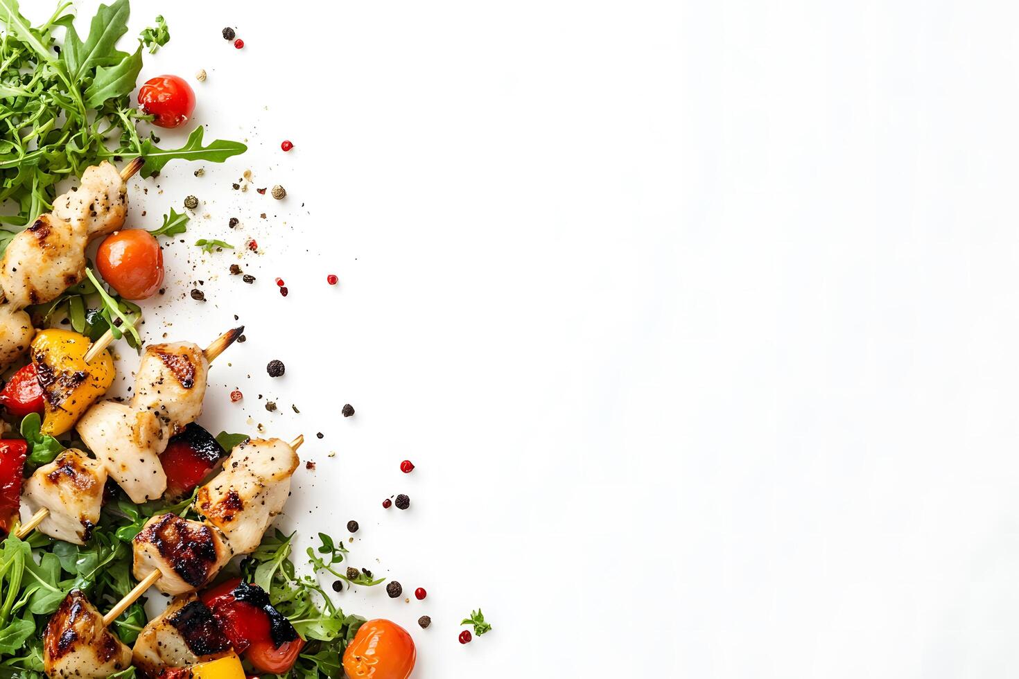 Grilled chicken kebabs garnished with arugula leaves and scattered spices on a bright white surface photo