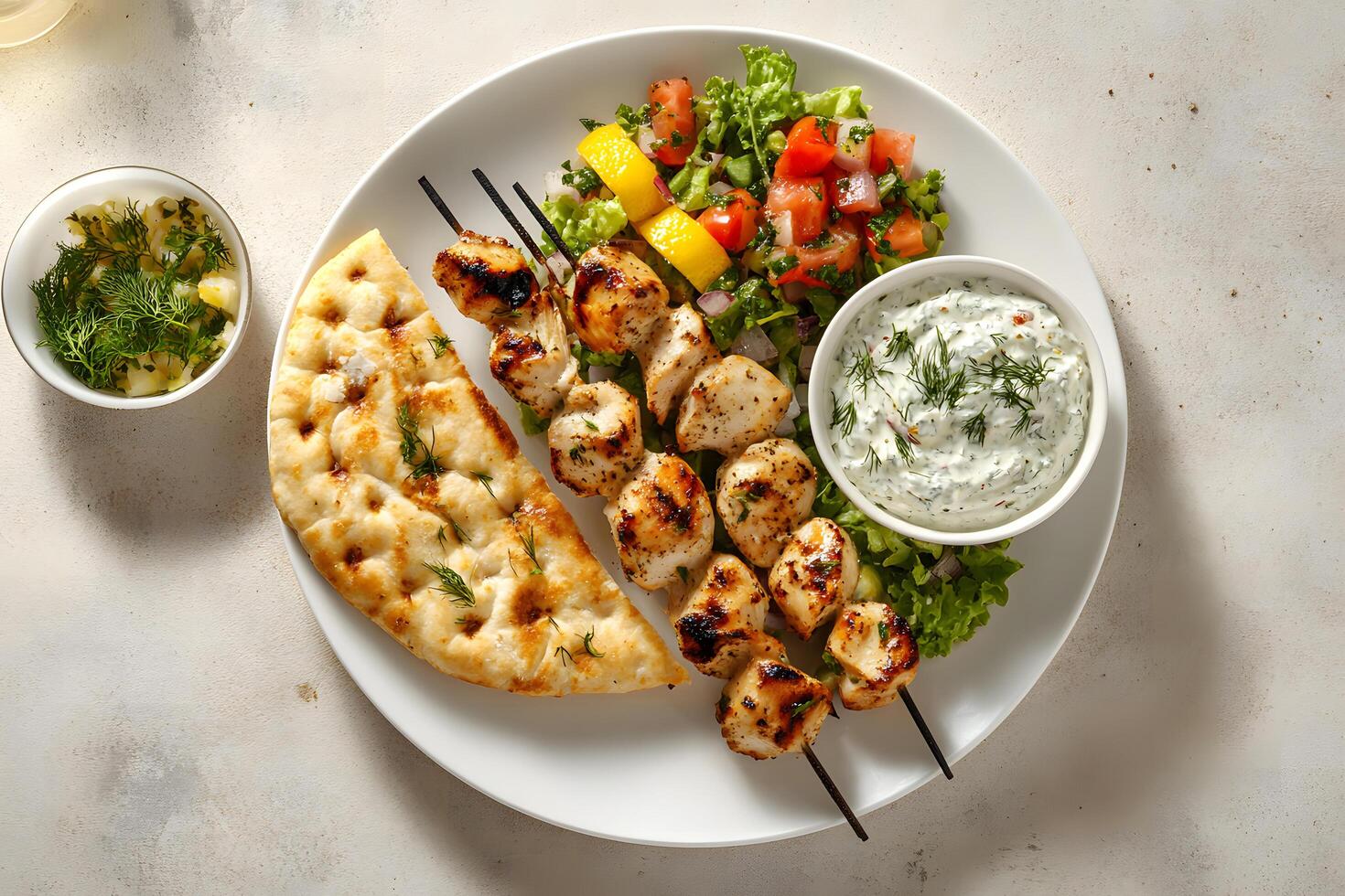 Grilled chicken skewers rest elegantly with fresh salad, flatbread, and tzatziki sauce on plate photo