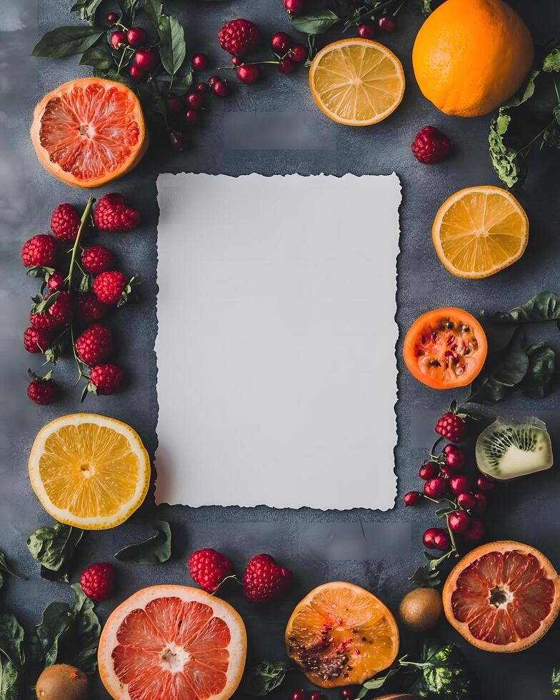 Halved vibrant citrus fruits, raspberries, berries, and leaves frame a central blank paper elegantly photo