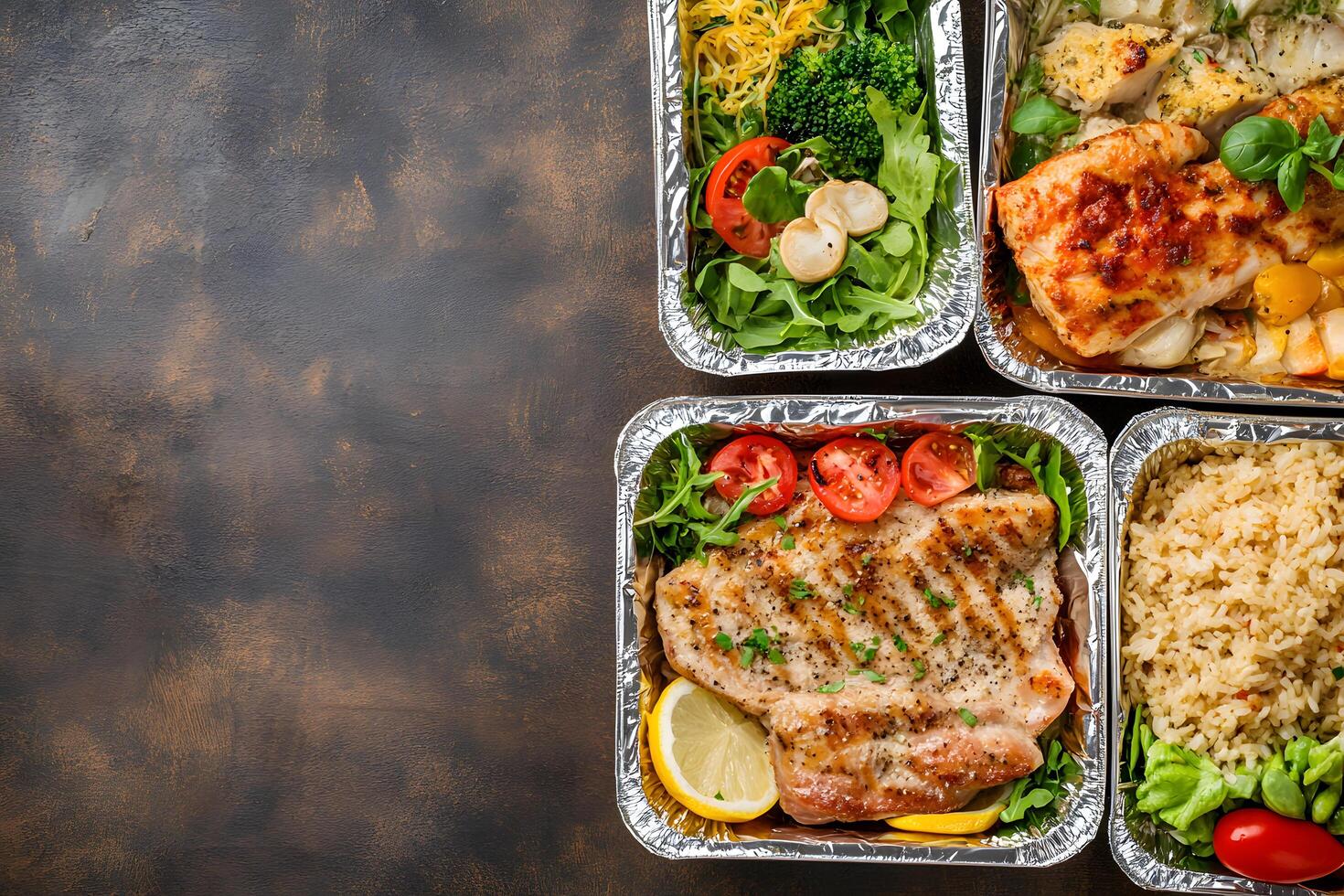 Healthy cooked meals like chicken, salads, rice, and vegetables are displayed in foil containers photo