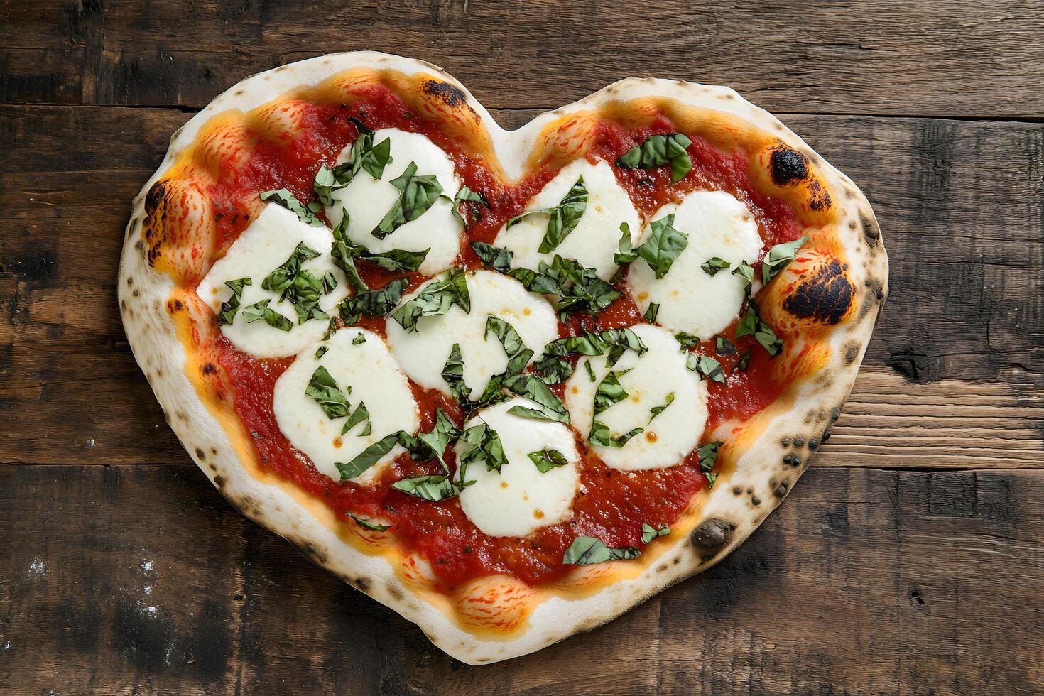 Heartshaped pizza with tomato sauce, fresh mozzarella, and basil leaves sits on rustic wood photo