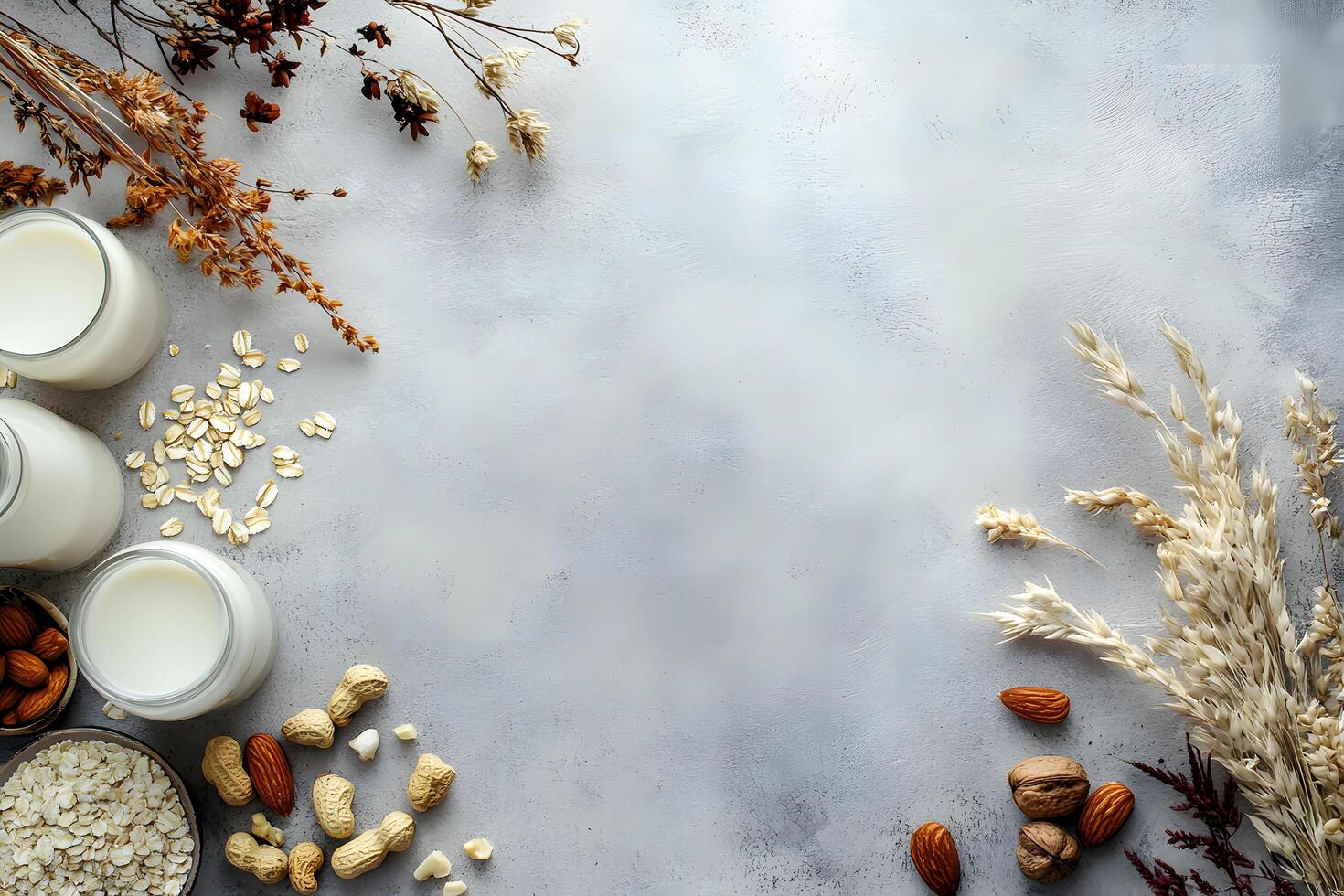 Jars brimming with nondairy milk alongside oats, almonds, peanuts, walnuts create a beautiful composition photo