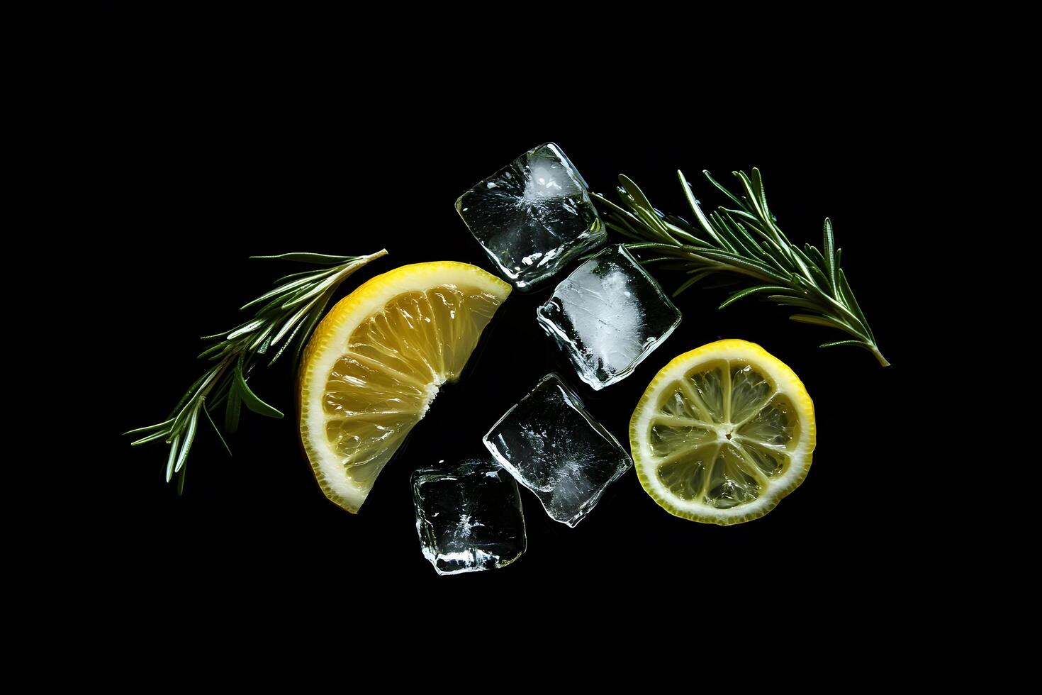 Lemon slices, rosemary sprigs, and glossy ice cubes are arranged on a stark black background photo