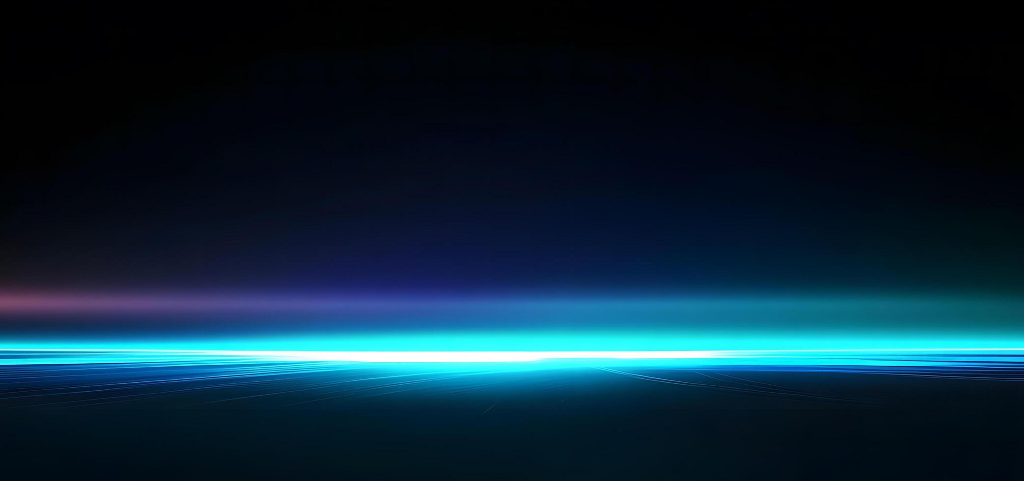 Luminescent blue lights stretch horizontally across a dark background, creating a futuristic and serene vista photo
