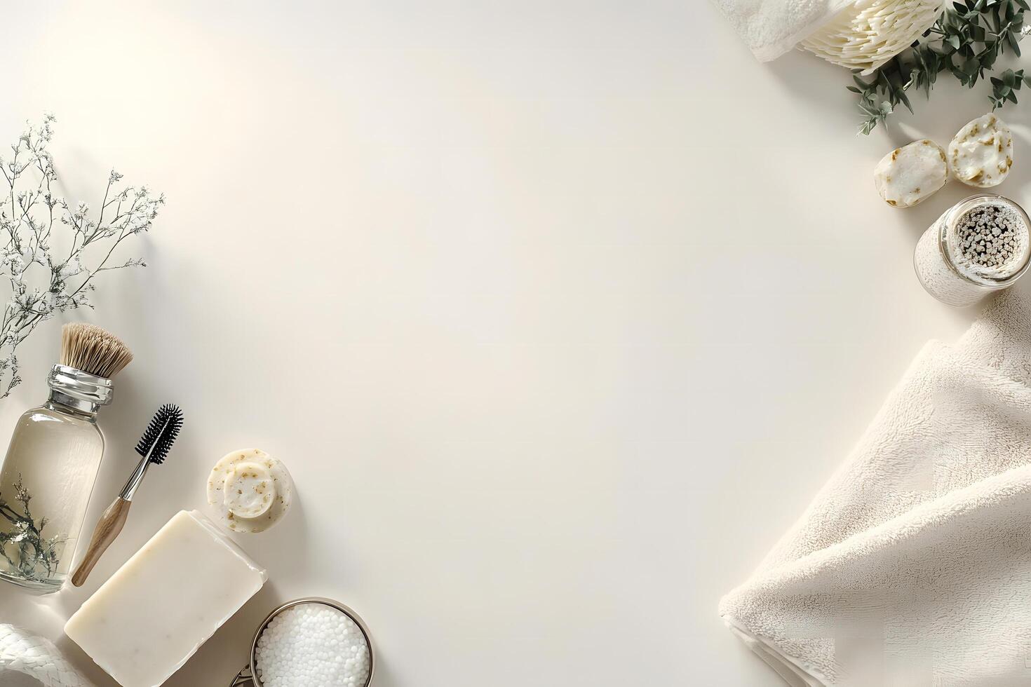 Luxurious towels, scrub, soaps, and skincare products are carefully arranged on a clean, white surface photo