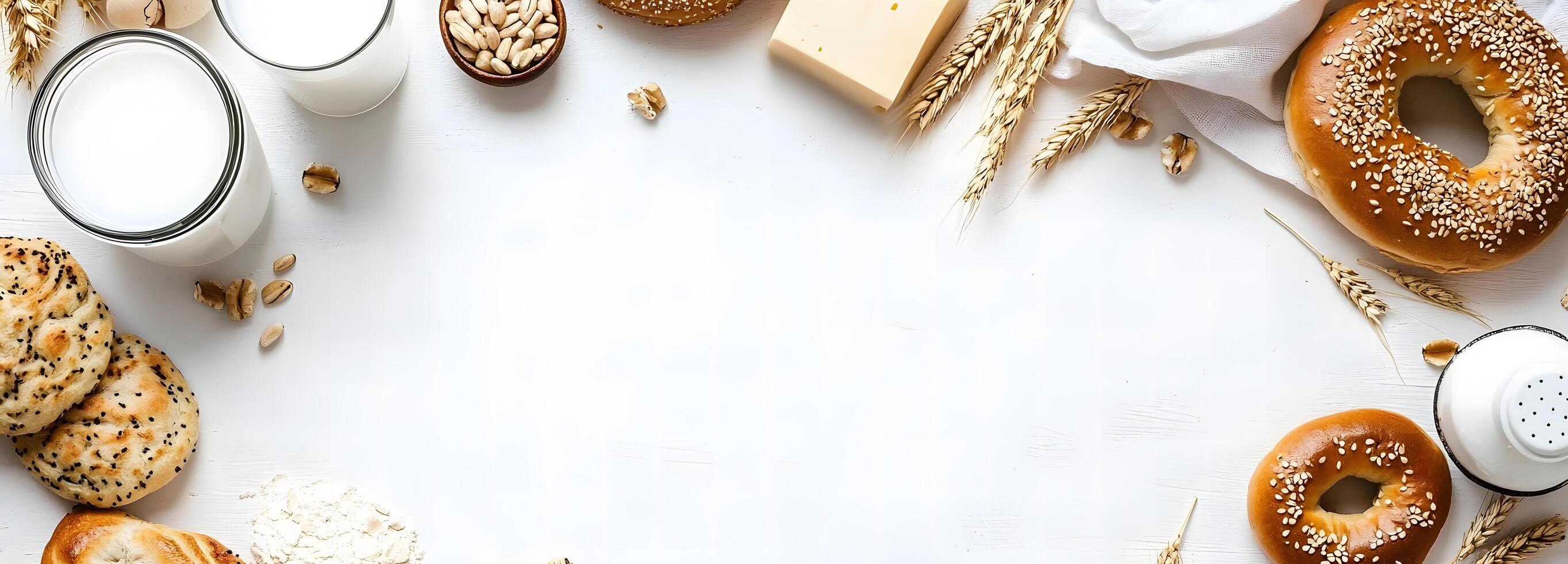 Milk glasses alongside sesame bagels with wheat and pistachio nuts are arranged neatly photo