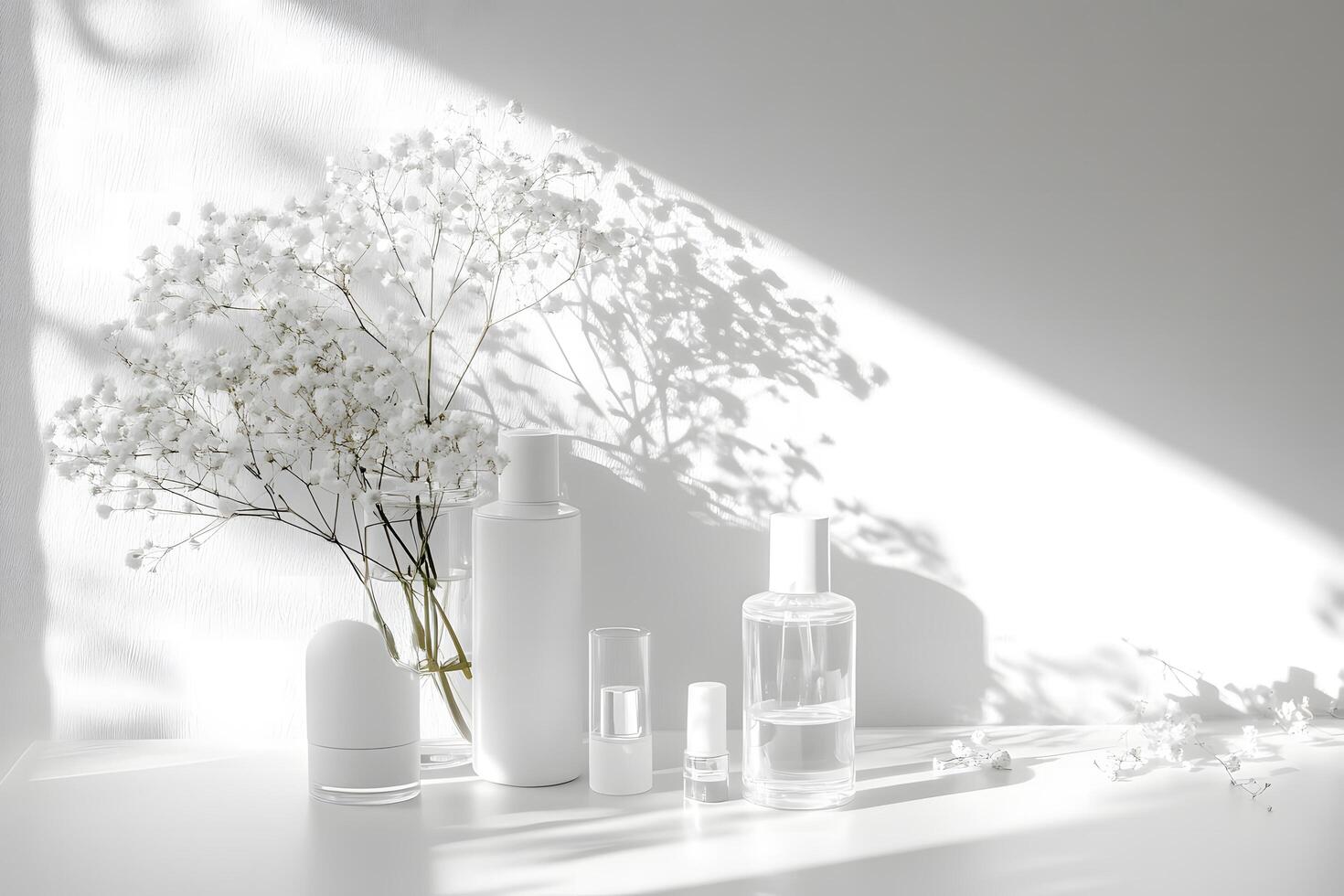 Minimalist clear bottles stand with white flowers, reflecting soft light, capturing pure beauty photo
