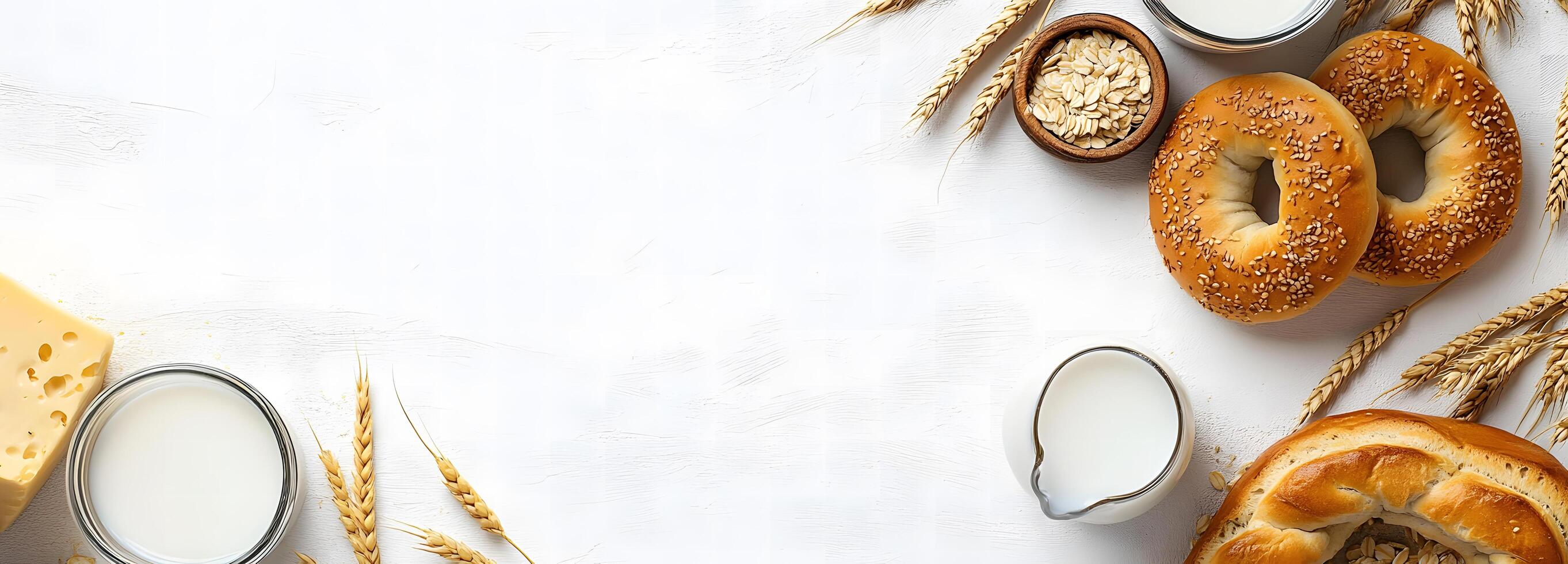 Milk, cheese, bagels, and oats are arranged with wheat on a white surface photo