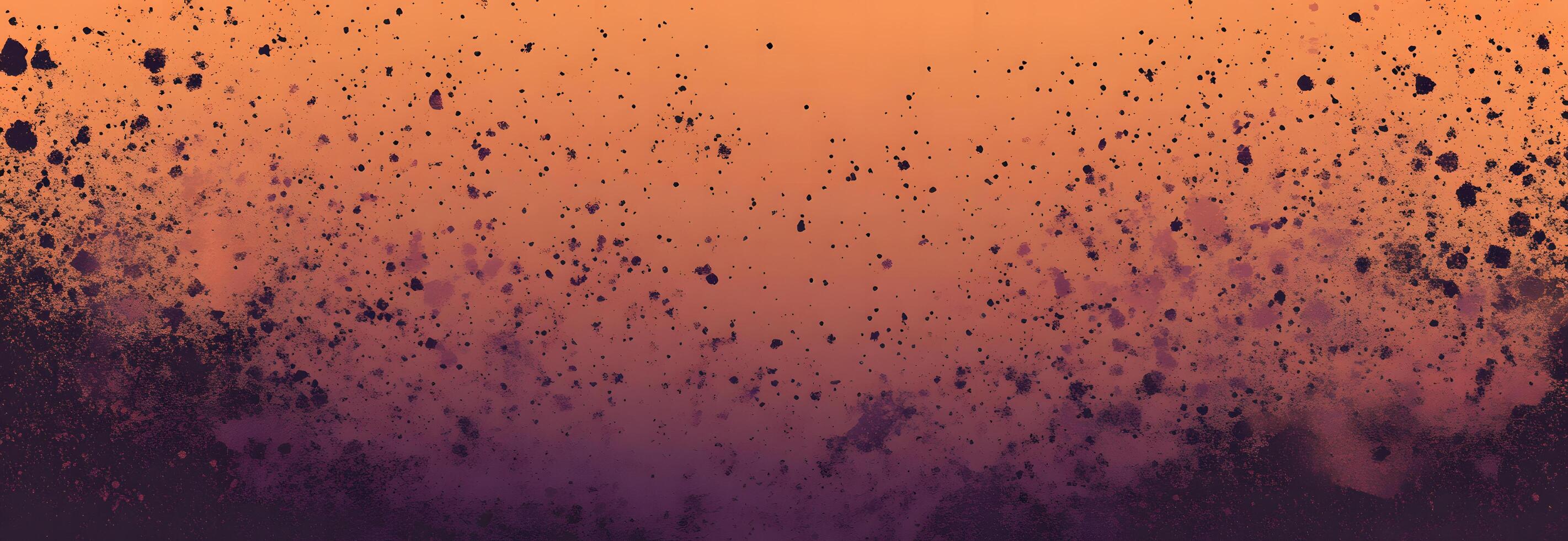Orange gradient background features dark, grunge spots, and a striking purple bottom border photo