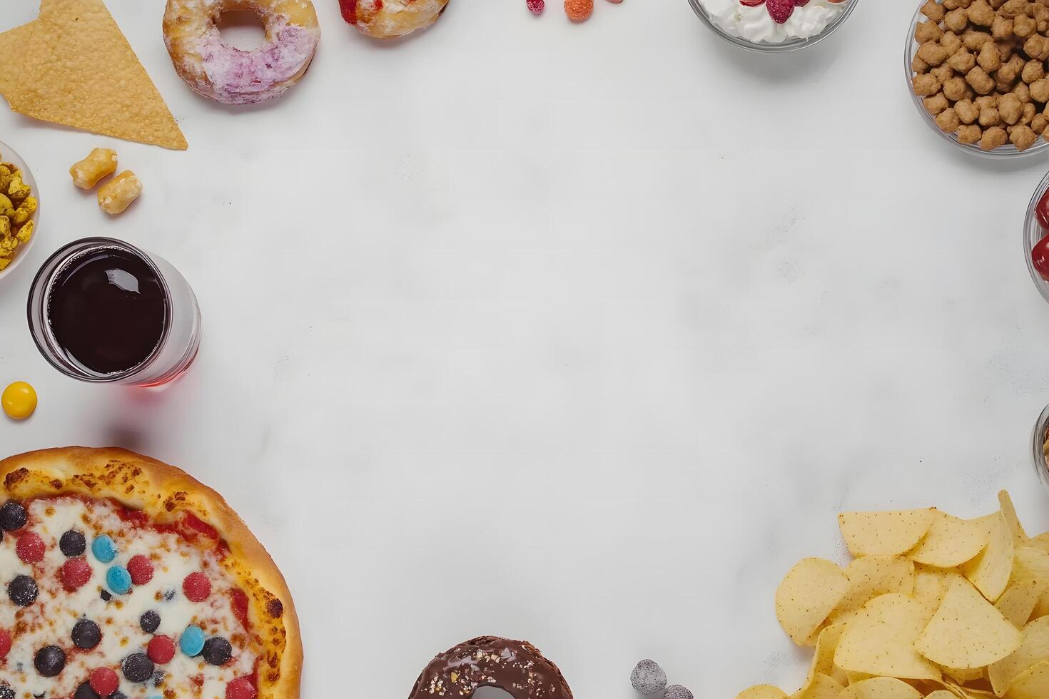 Overhead reveals various snacks and treats displayed artistically against a clean, white backdrop photo