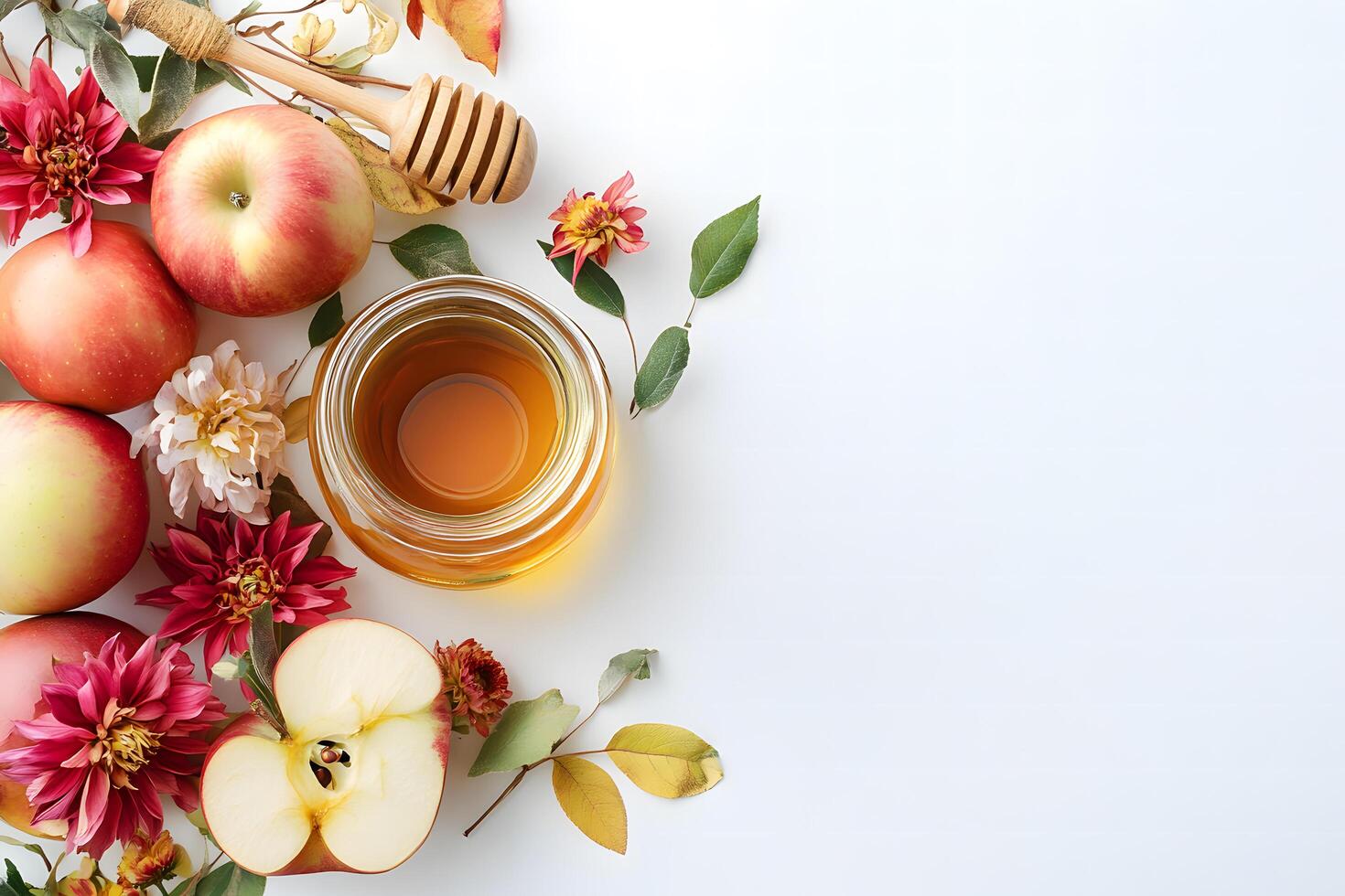 Overhead shot displays apples, flowers, and honey jar with dipper arranged beautifully on white photo