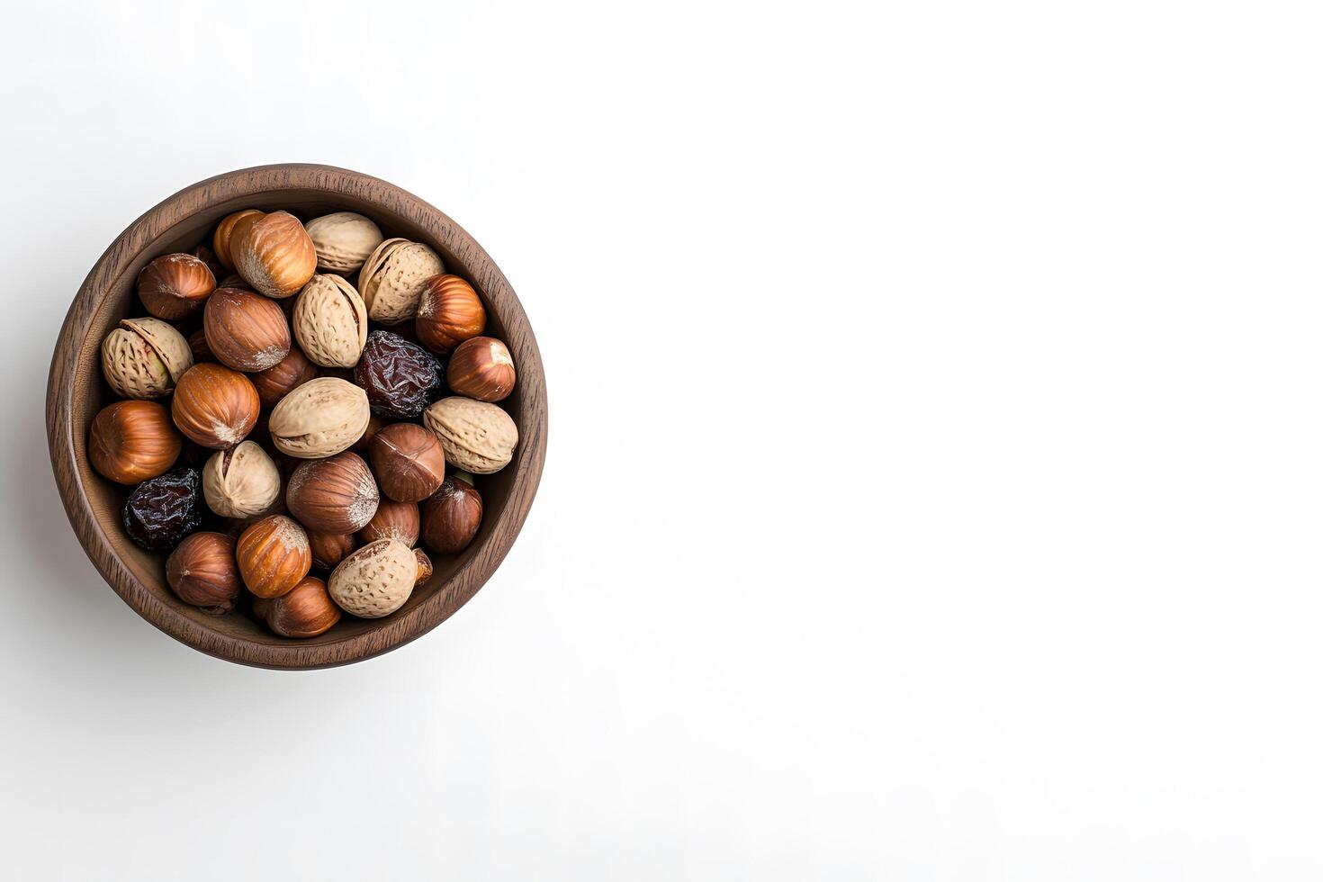 Overhead shot shows a rustic wooden bowl filled with hazelnuts, walnuts and dates photo
