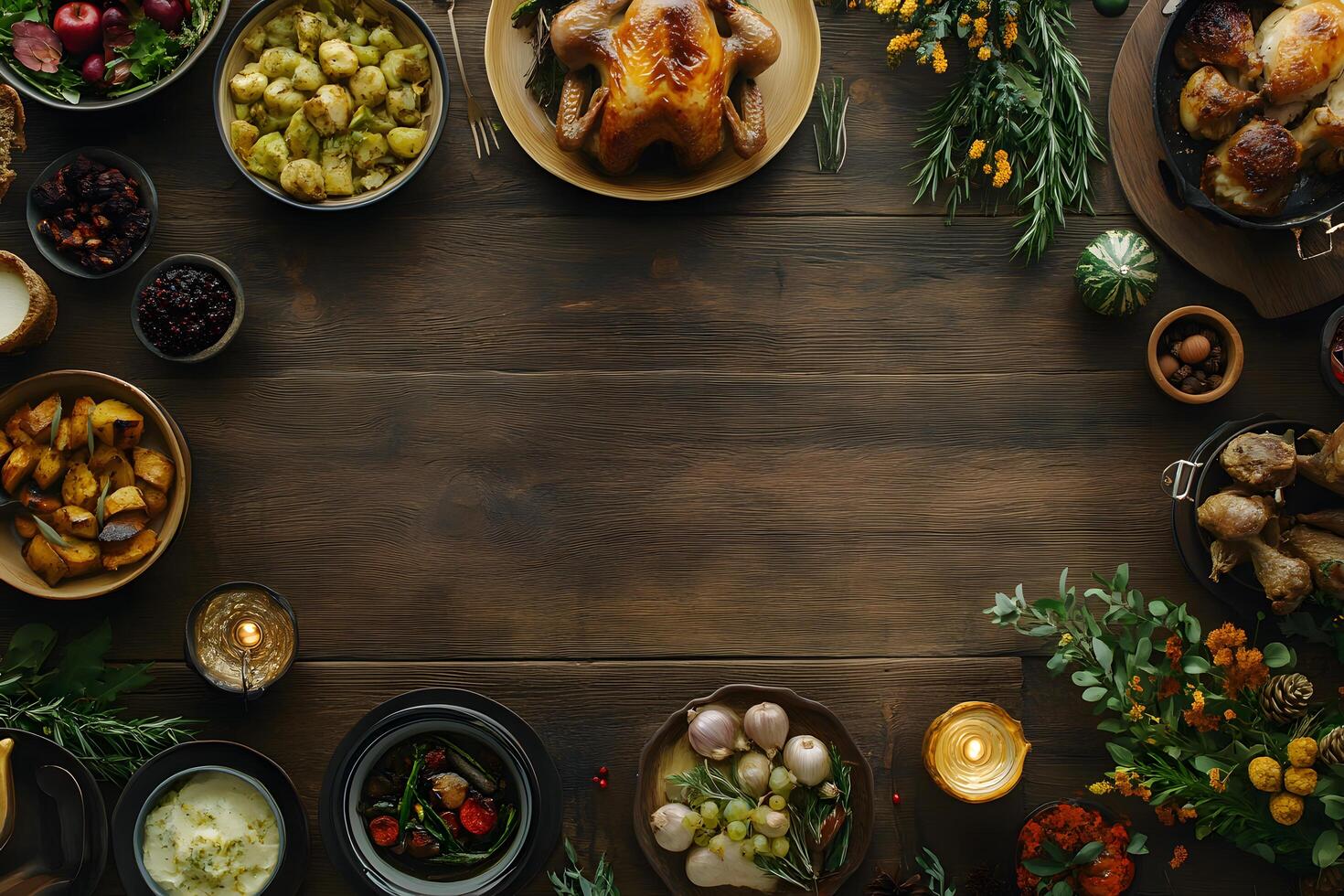 Overhead shot shows a delicious autumn harvest meal beautifully displayed on a rustic wooden table photo
