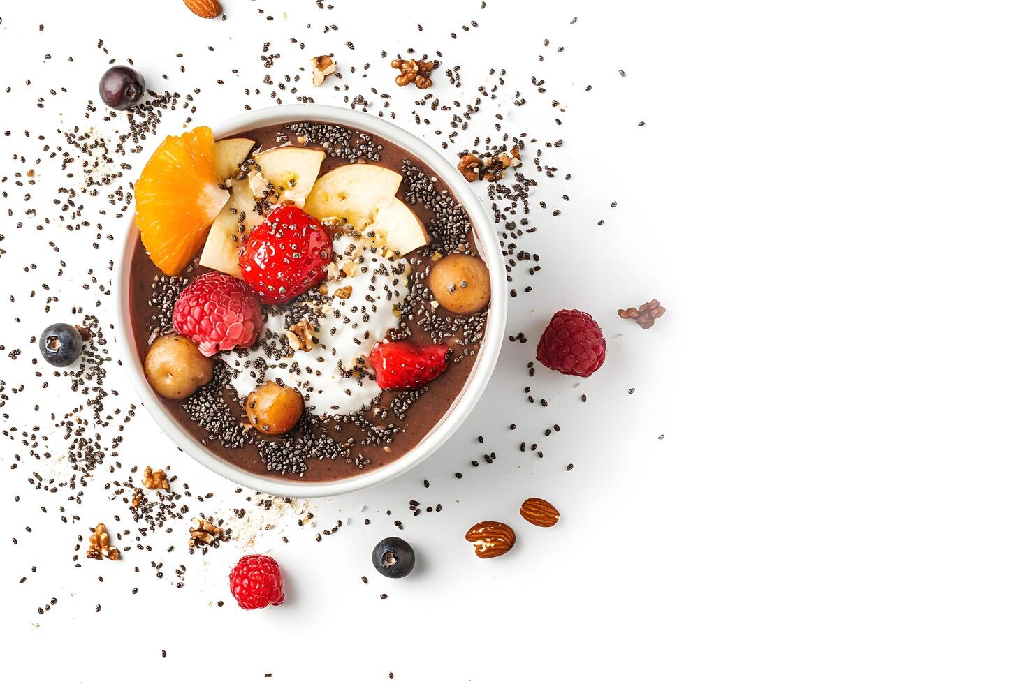 Overhead view reveals a chocolate smoothie bowl featuring fruit toppings and chia seeds photo